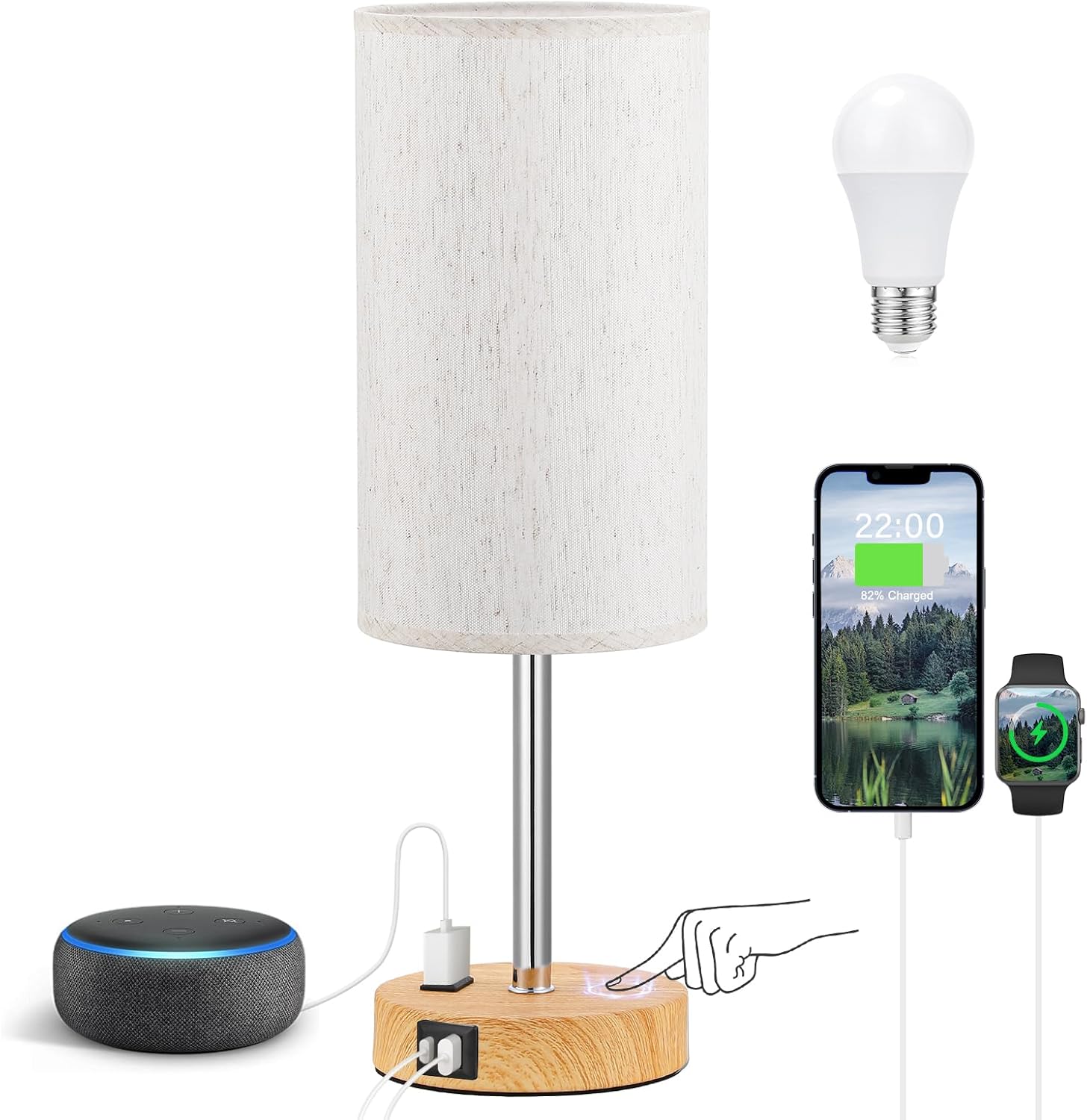 Fenmzee 17.4" Bedside Lamp for Bedroom - Dimmable Touch, USB A+C, AC Outlet