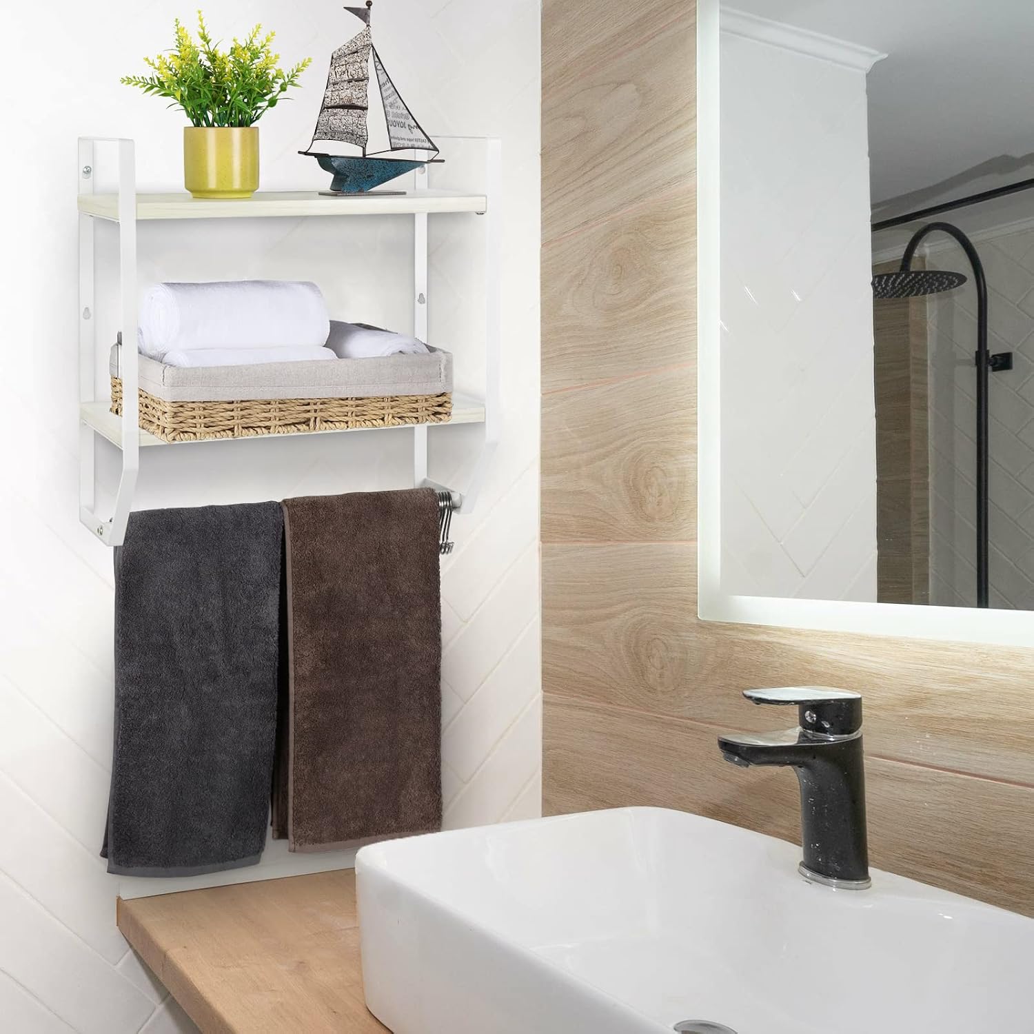 OYEAL Bathroom Shelf with Towel Bar Wall Mounted | Towel RaRustic Towel Shelf for Bathroom with 5 Hooks, 2 Tier Shelf