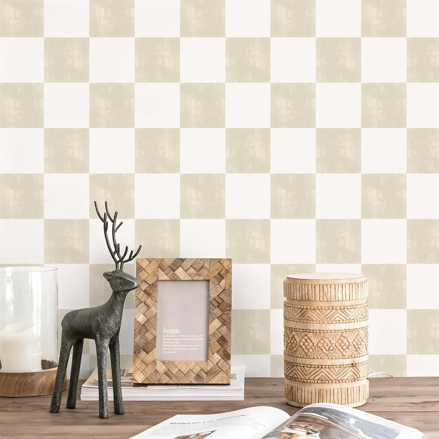 Neutral Beige Checkered Peel and Stick Wallpaper Cream Checkerboard / 17.7 x 118 / Cream Beige