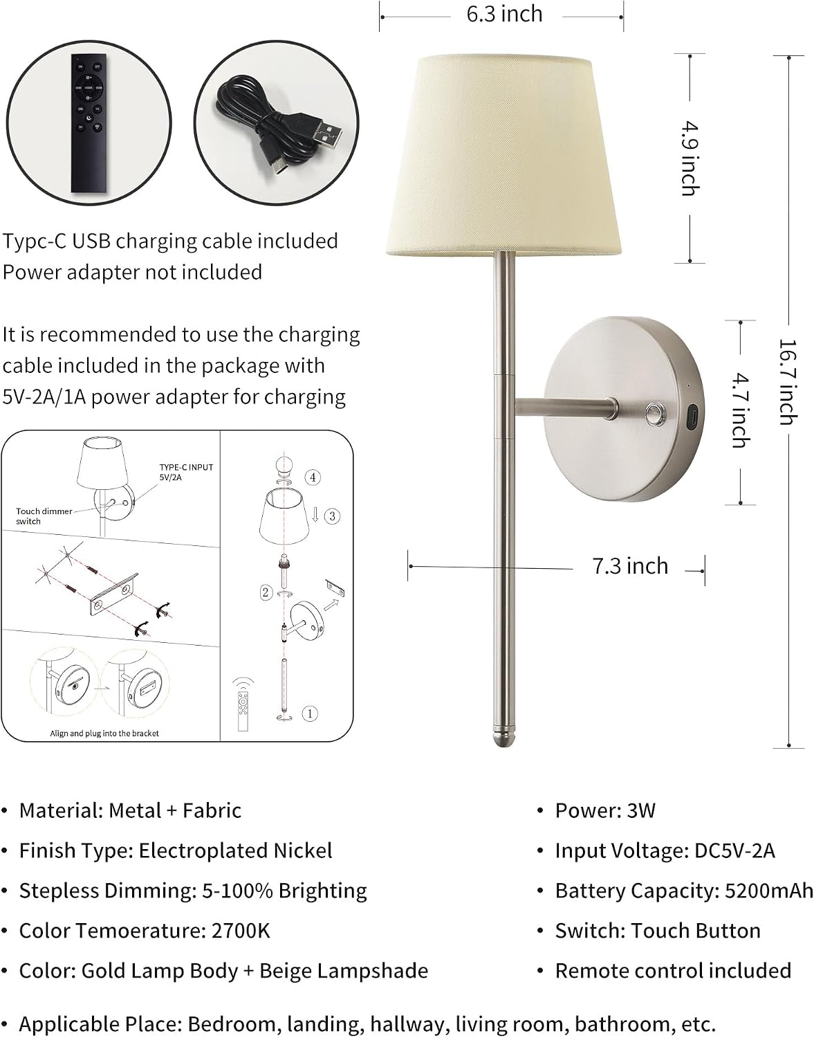Cordless Small Wall Sconce Set of 2, Nickel Rechargeable Wall Light | Dimmable LED Battery Operated, Fabric Shade Wall