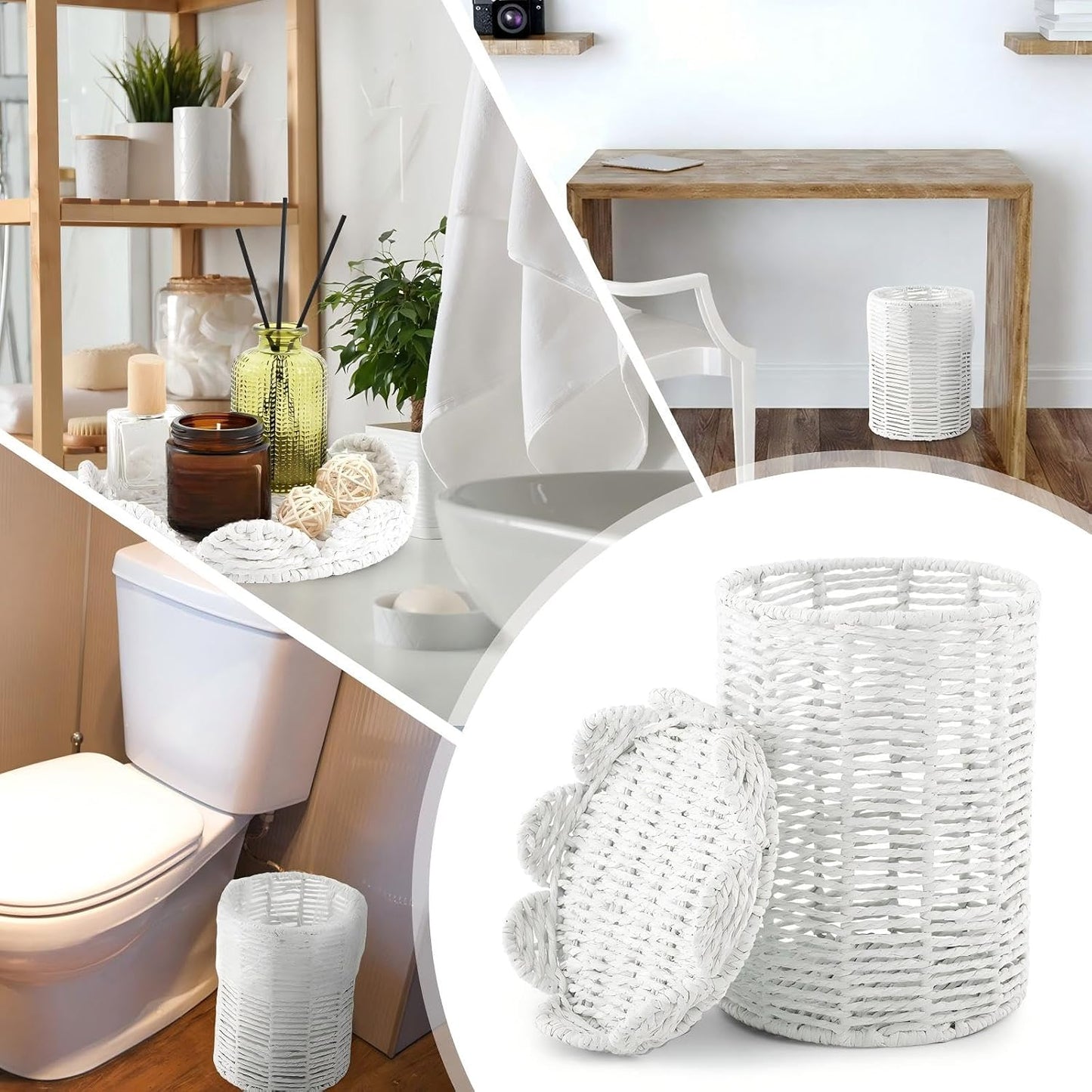 Lid Handle Woven Wicker Rattan Bathroom Waste Basket Boho / Scalloped Style / White / 1.3 Gallons