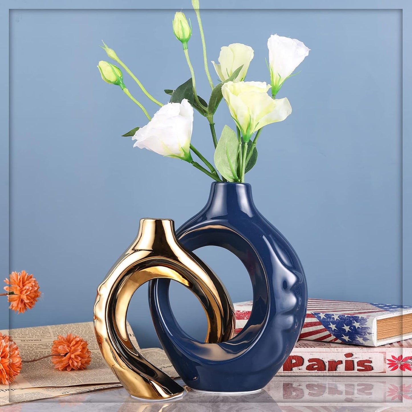 Navy Blue Home Decor Ceramic Vase / Blue Gold / Set of 2