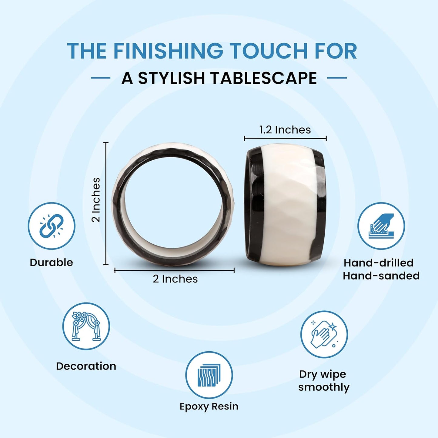 Black White Epoxy Resin Napkin Rings Set of 12 | Premium epoxy resin, scratch-resistant, 2x2x1 in each, easy to clean