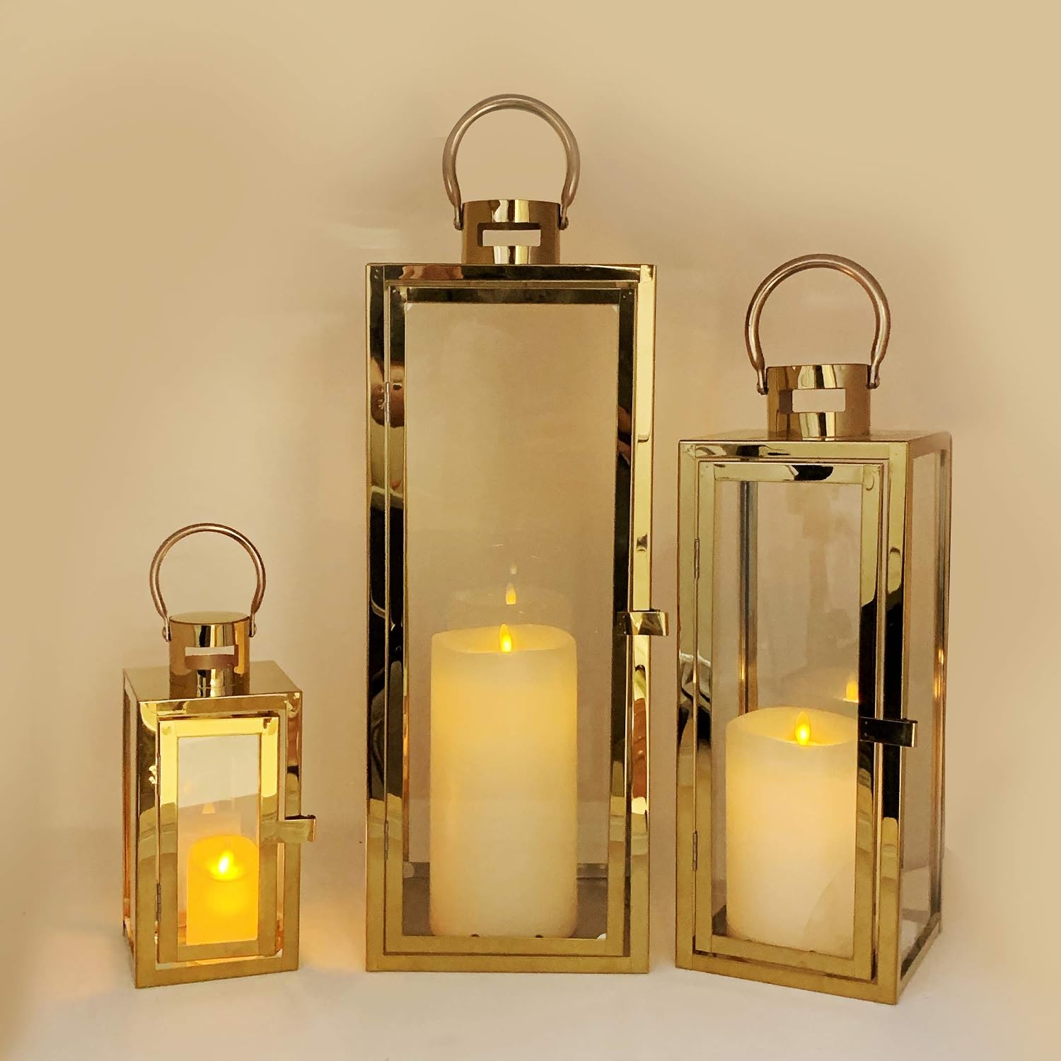 Allgala 3-PC Lantern Set 23 Inch Jumbo Deluxe Modern Indoor/Outdoor Candle Lantern Set Stainless Steel Frame Tempered