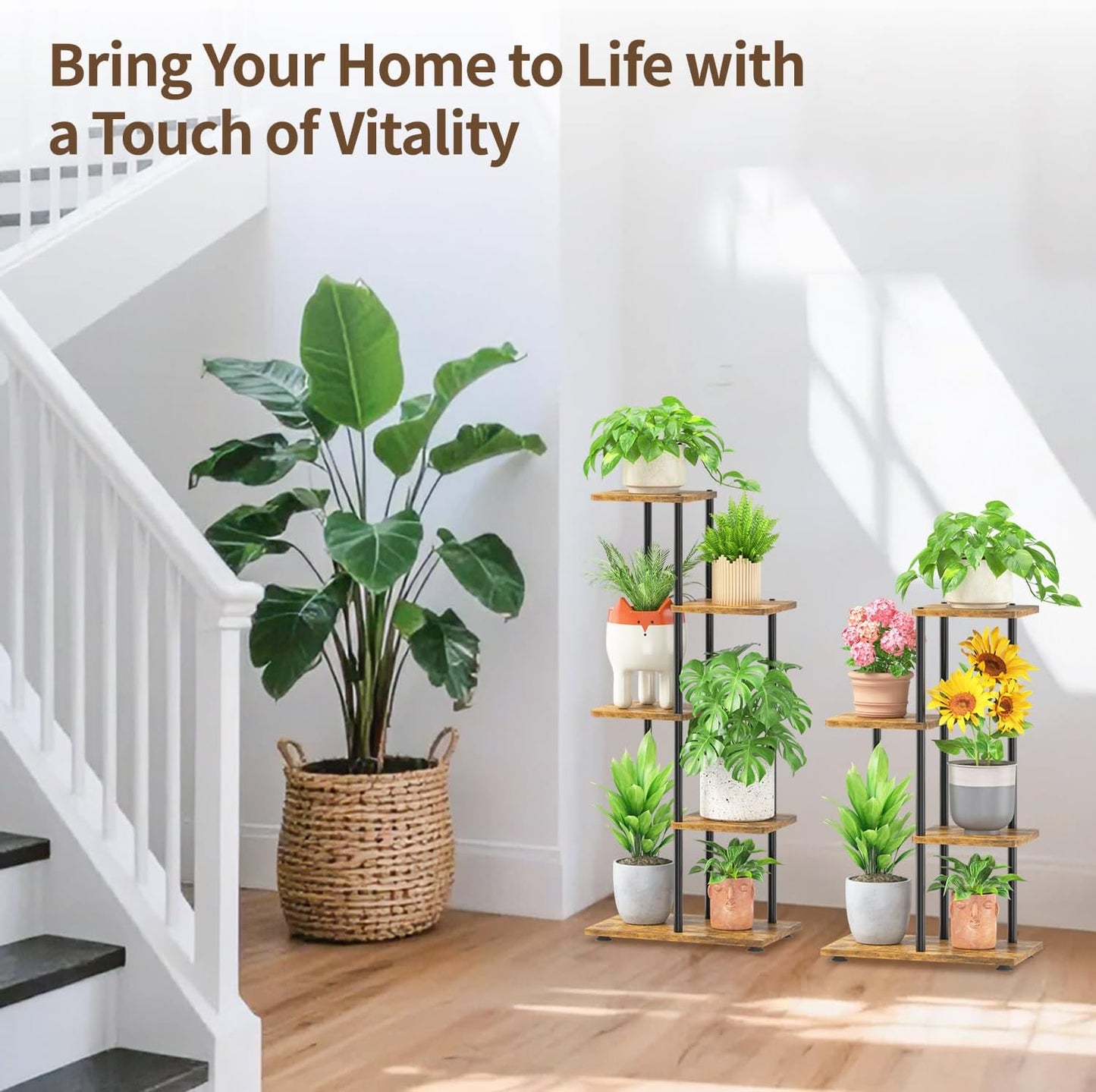 LASZOLA Plant Stand Shelf Tall for Indoor Corner, 4 Tier Wood Brown | Heavy Duty Multi Level Vertical Flower Rack for