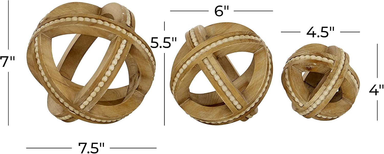Wood Geometric Handmade Decorative Sculpture Beaded / Light Brown / 7", 6", 4"H / 4 Inch / Set of 3