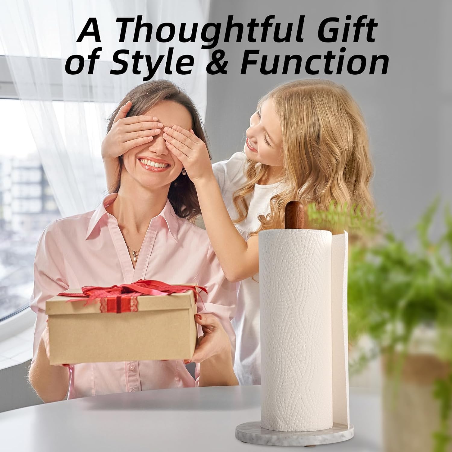 Acacia Wood & Marble Paper Towel Holder – Freestanding Paper Towel Holder for Countertop, Weighted for One-Handed Use