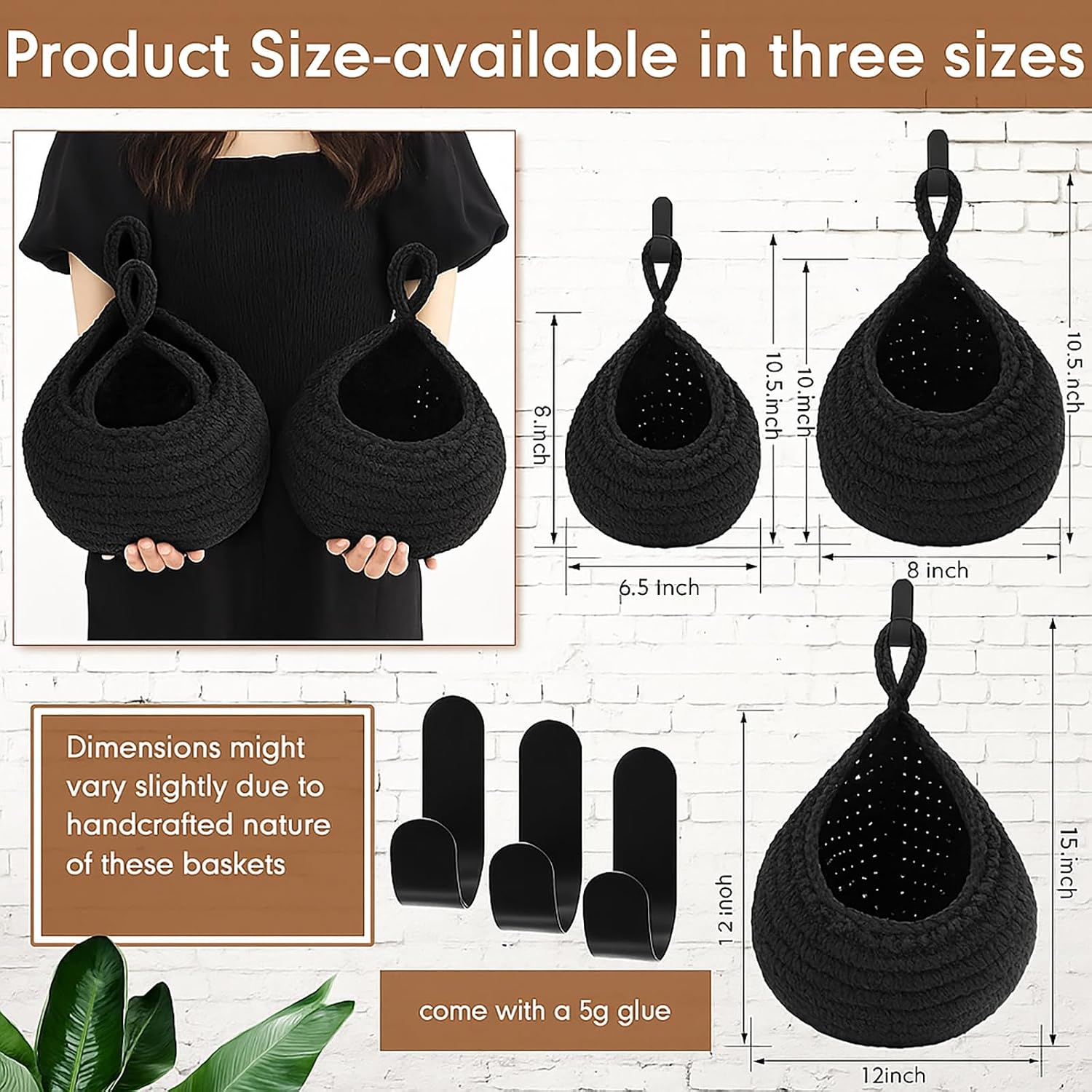 Boho Decor Hanging Wall Baskets / Black / Cotton Rope / Teardrop / Set of 3