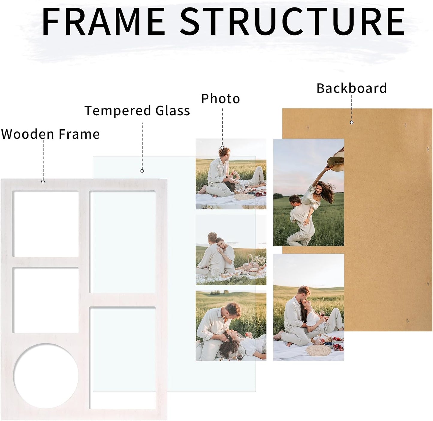 YESKAY 4x6 and 4x4 Collage Picture Frame, Display 5 Openings Photo Frames, Rustic White Wood Frame with Real Glass