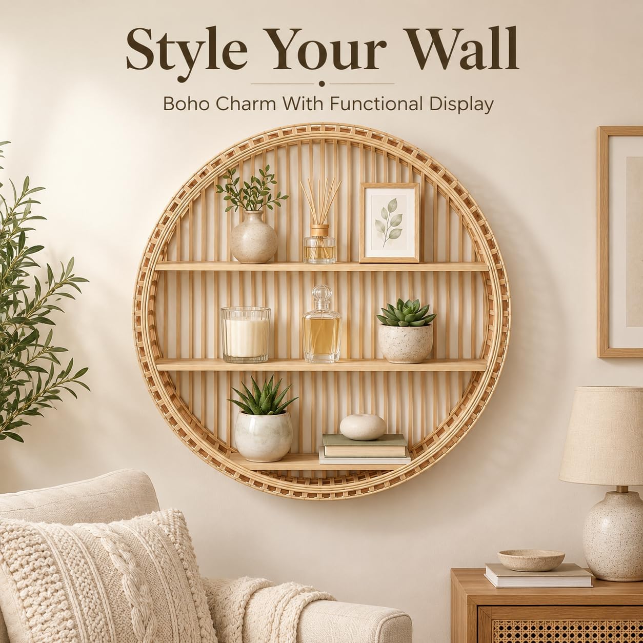 Rattan Wall Shelf / Handwoven Boho Floating Display Shelf