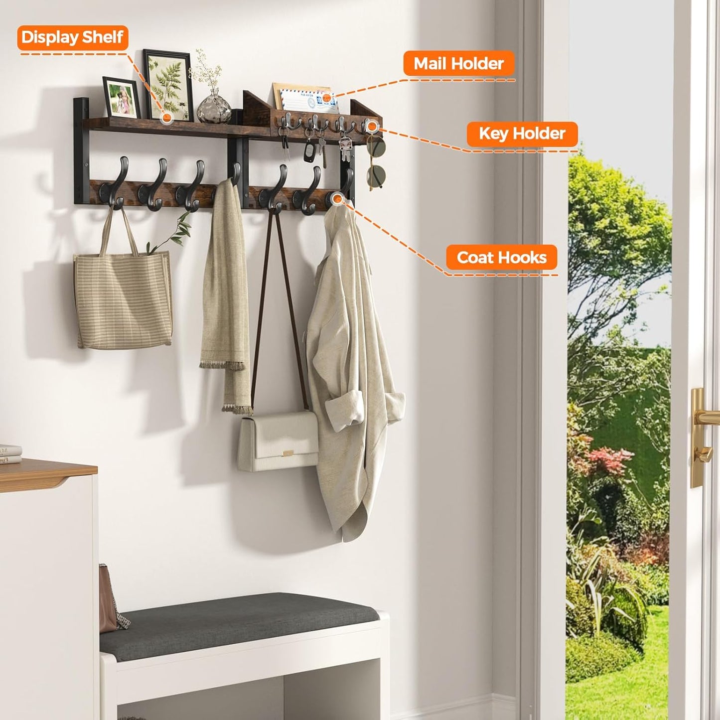 11 Metal Hooks / Rustic Brown / 29 Inch / 4 Inch