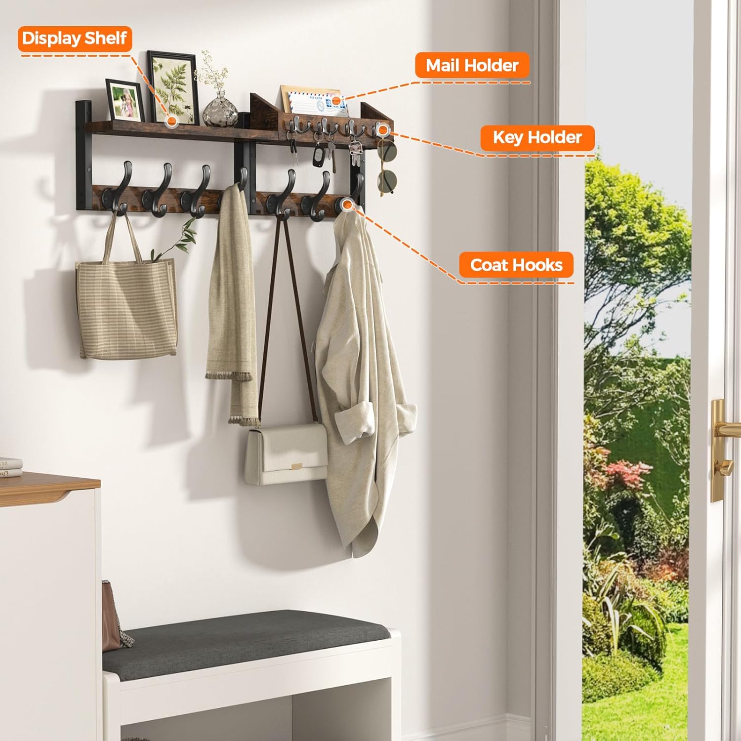 11 Metal Hooks / Rustic Brown / 29 Inch / 4 Inch
