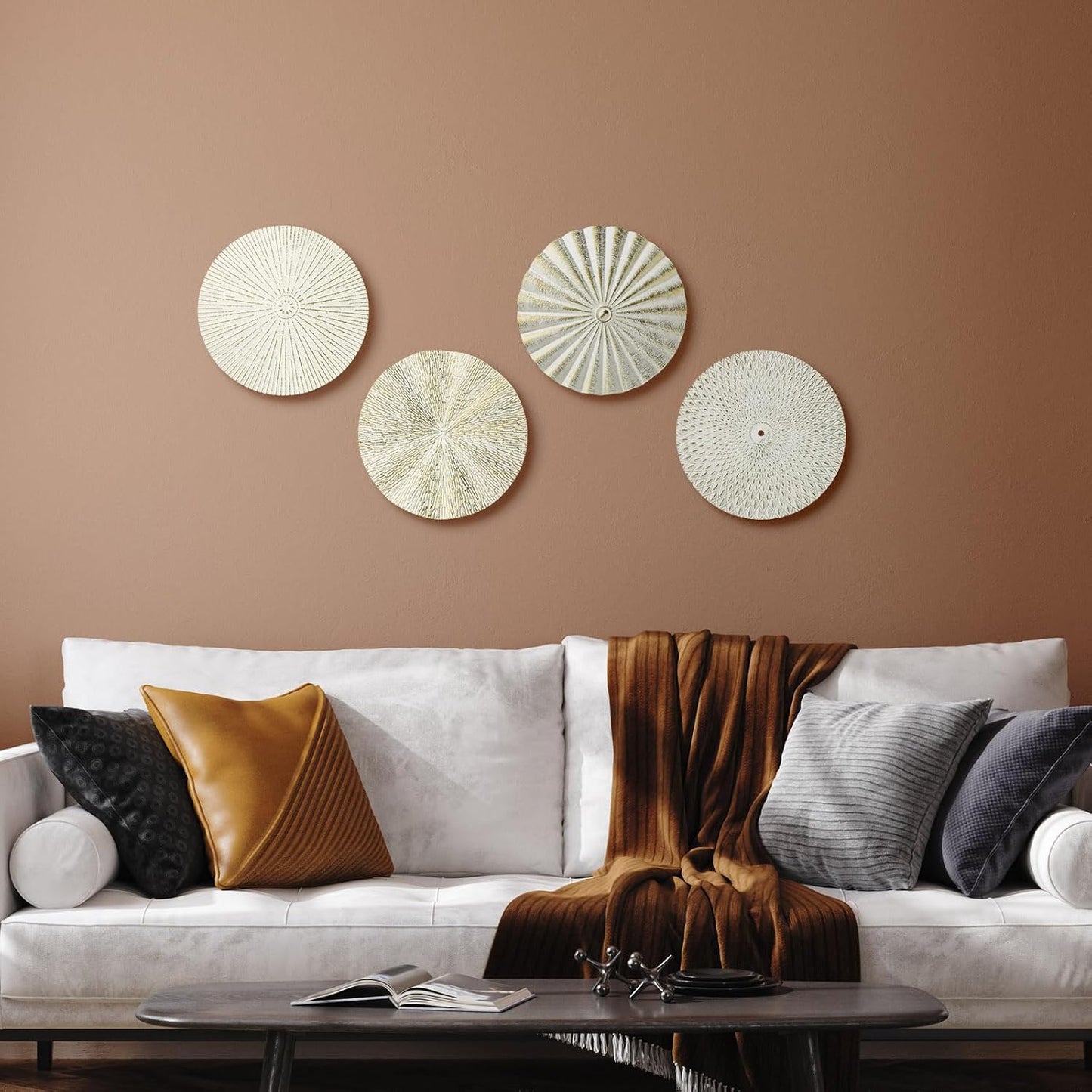Metal Wall Art Decor Modern Sunburst Hanging Artwork Decor Wall / White Gold / 12 Inch / Set of 4