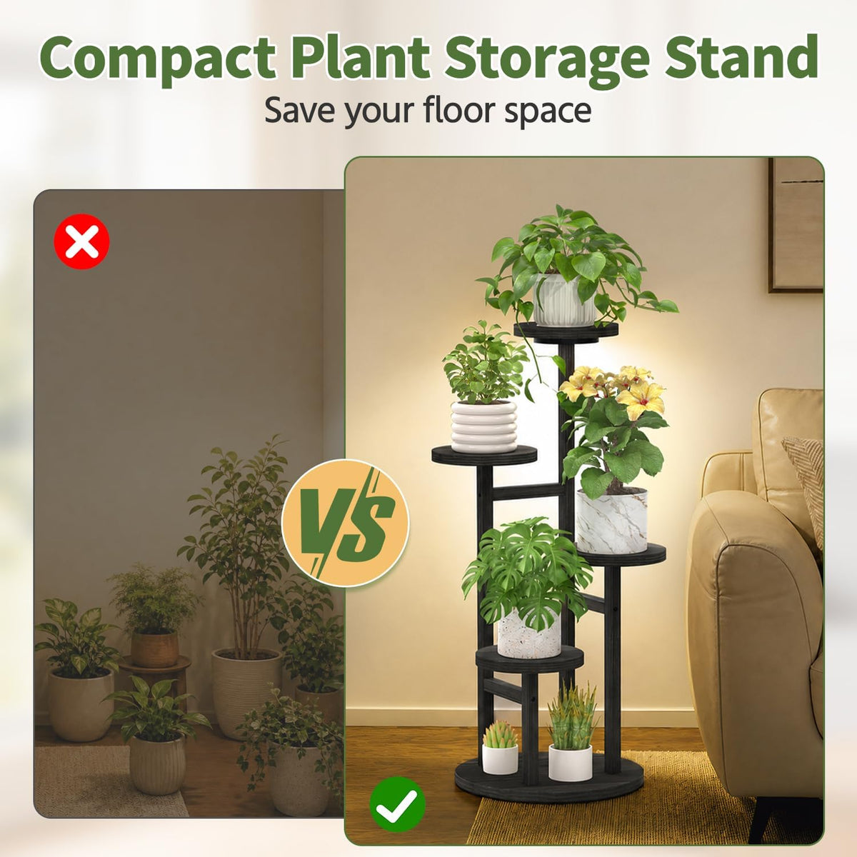 LASZOLA Wood Small Plant Stand Table Indoor Tall with Lights, 4 Tier Black | Corner Flower Pot Holder Rack for Multiple