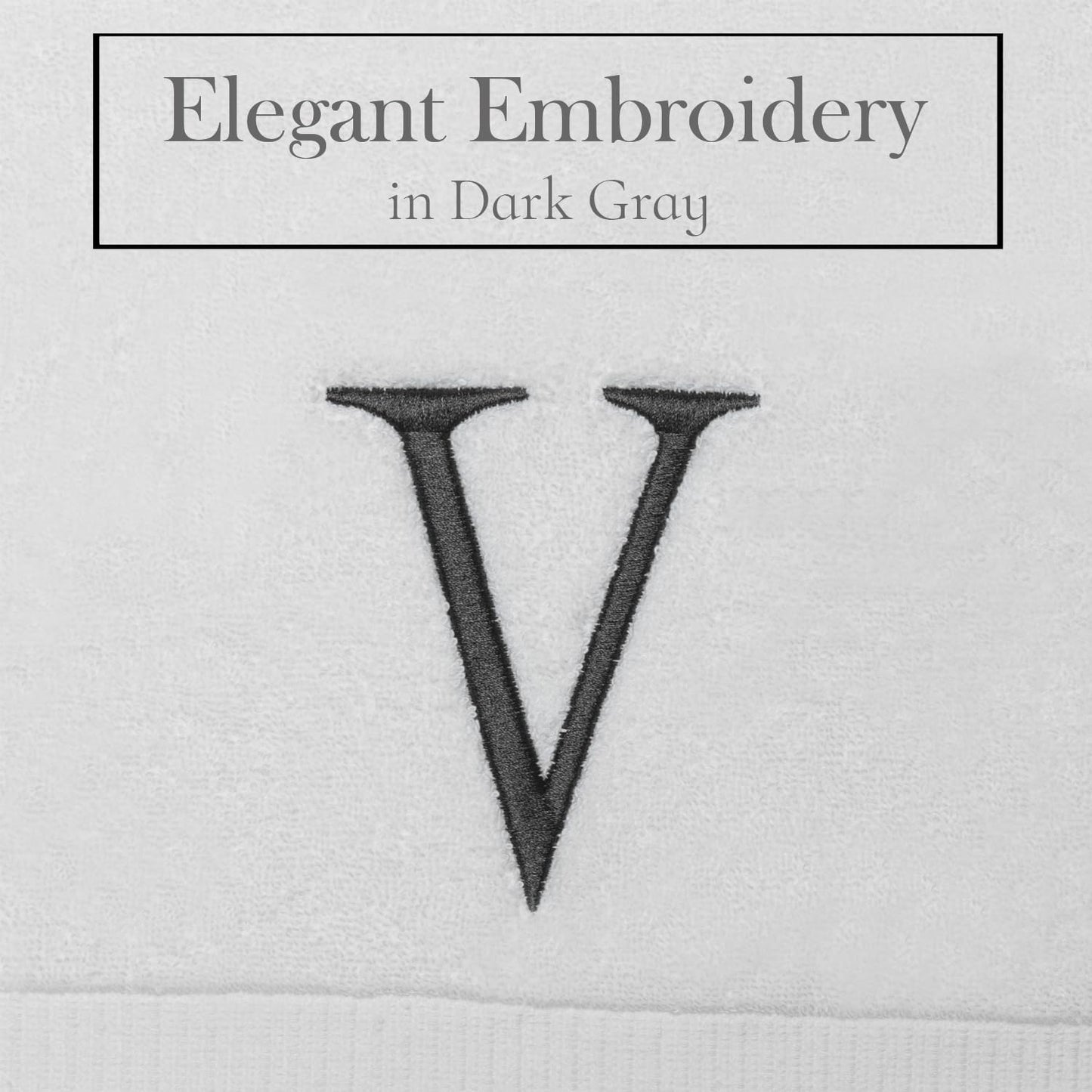 White with Dark Gray Monogrammed Hand Towels for Bathroom Set of 2 Letter V | Luxury Hotel Quality Initial Towels For