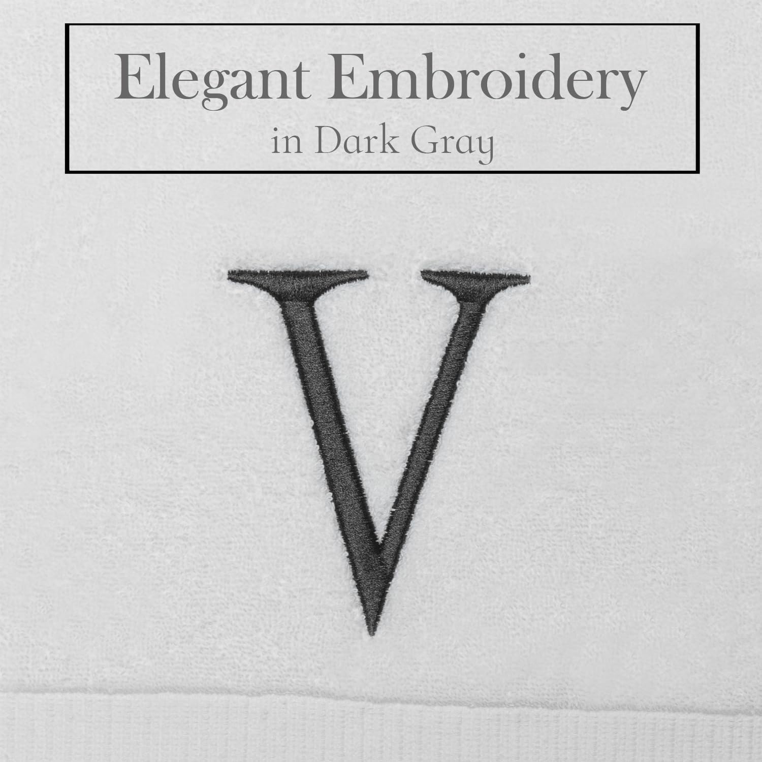 White with Dark Gray Monogrammed Hand Towels for Bathroom Set of 2 Letter V | Luxury Hotel Quality Initial Towels For
