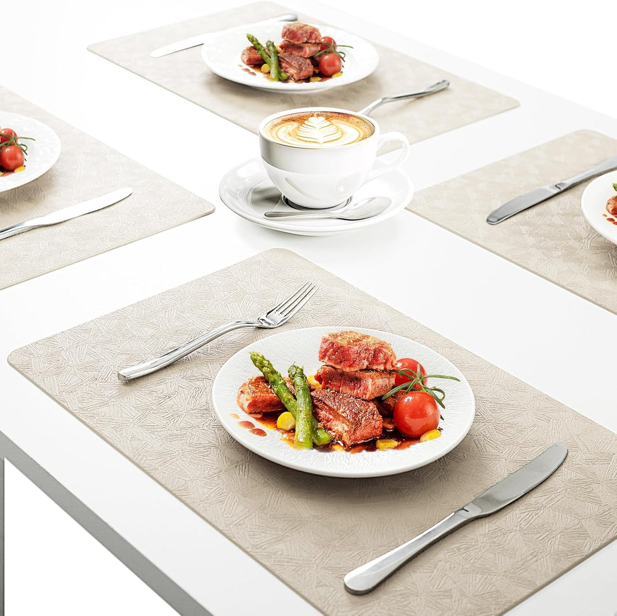 Beige Plastic Placemats Set of 12, Faux Leather Waterproof Table Mats | Beige Vinyl place mats,Wipeable and heat
