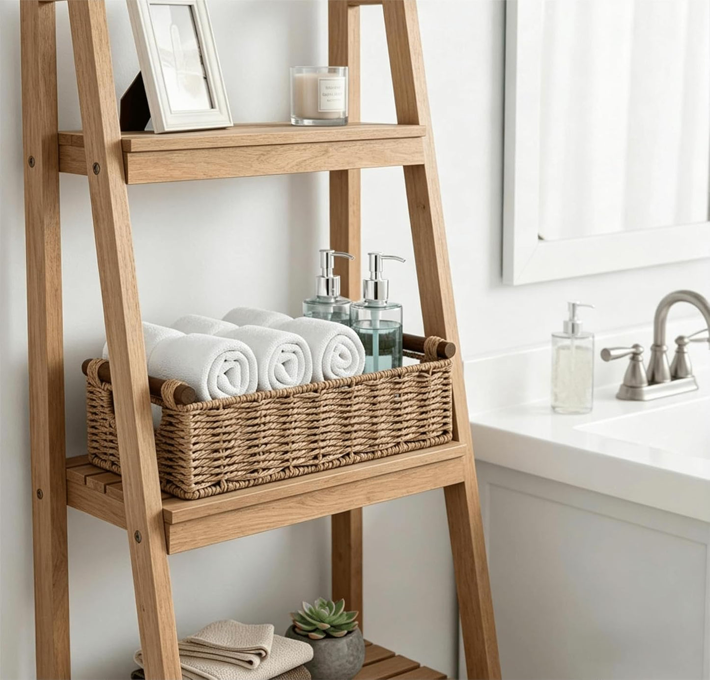 Small Wicker Toilet Basket Tray Organizer W/Cut Out Handle / Neutral / S - 12.99"l x 6.29"w x 3.1"h