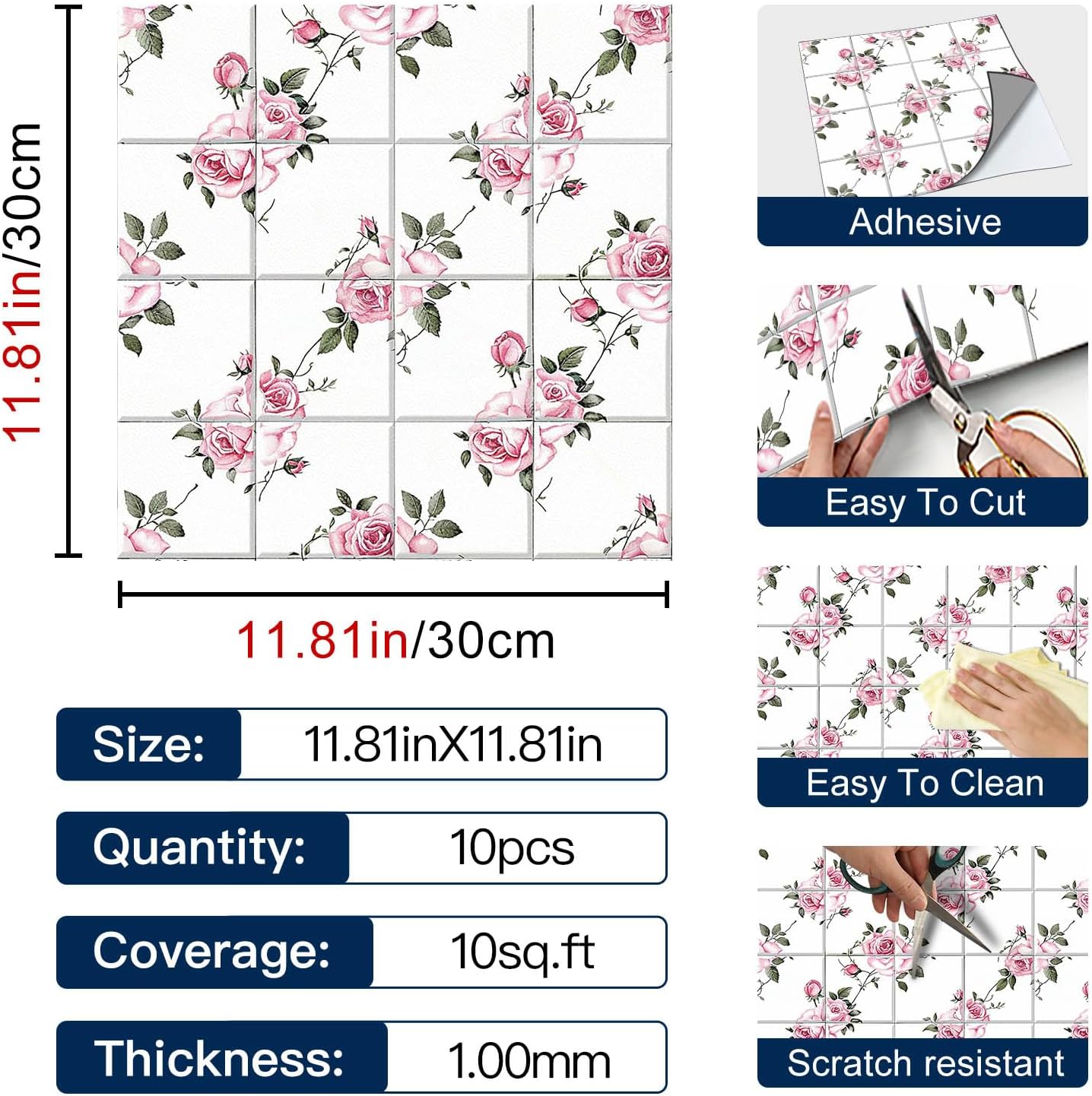 Peel and Stick Floor Tiles Vintage Rose / 12 x 12 / Delicate Rose Tile Pattern / Pink / Set of 10