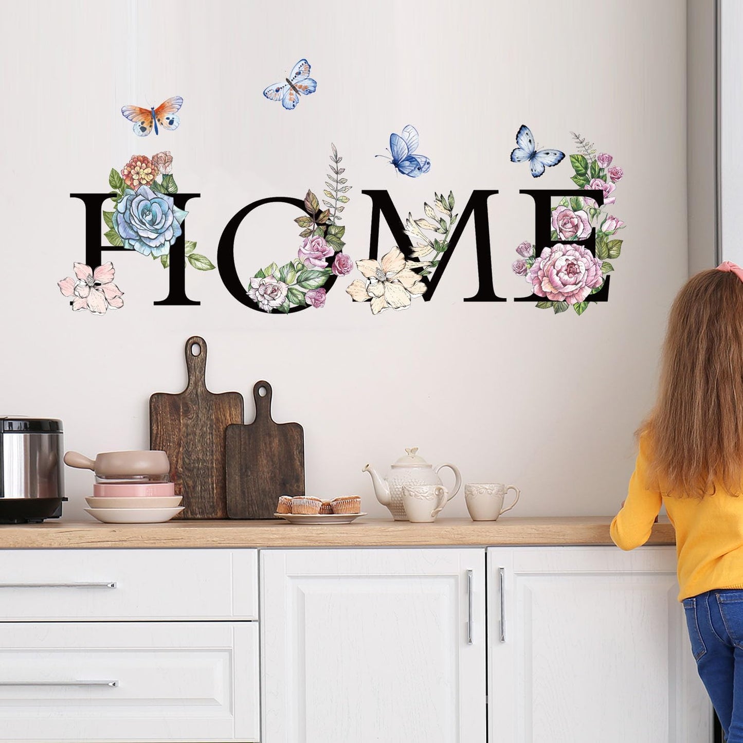 Home Flower Wall Sticker Colorful Floral Butterfly Wall Decal Peel and Stick Word Quotes / Black