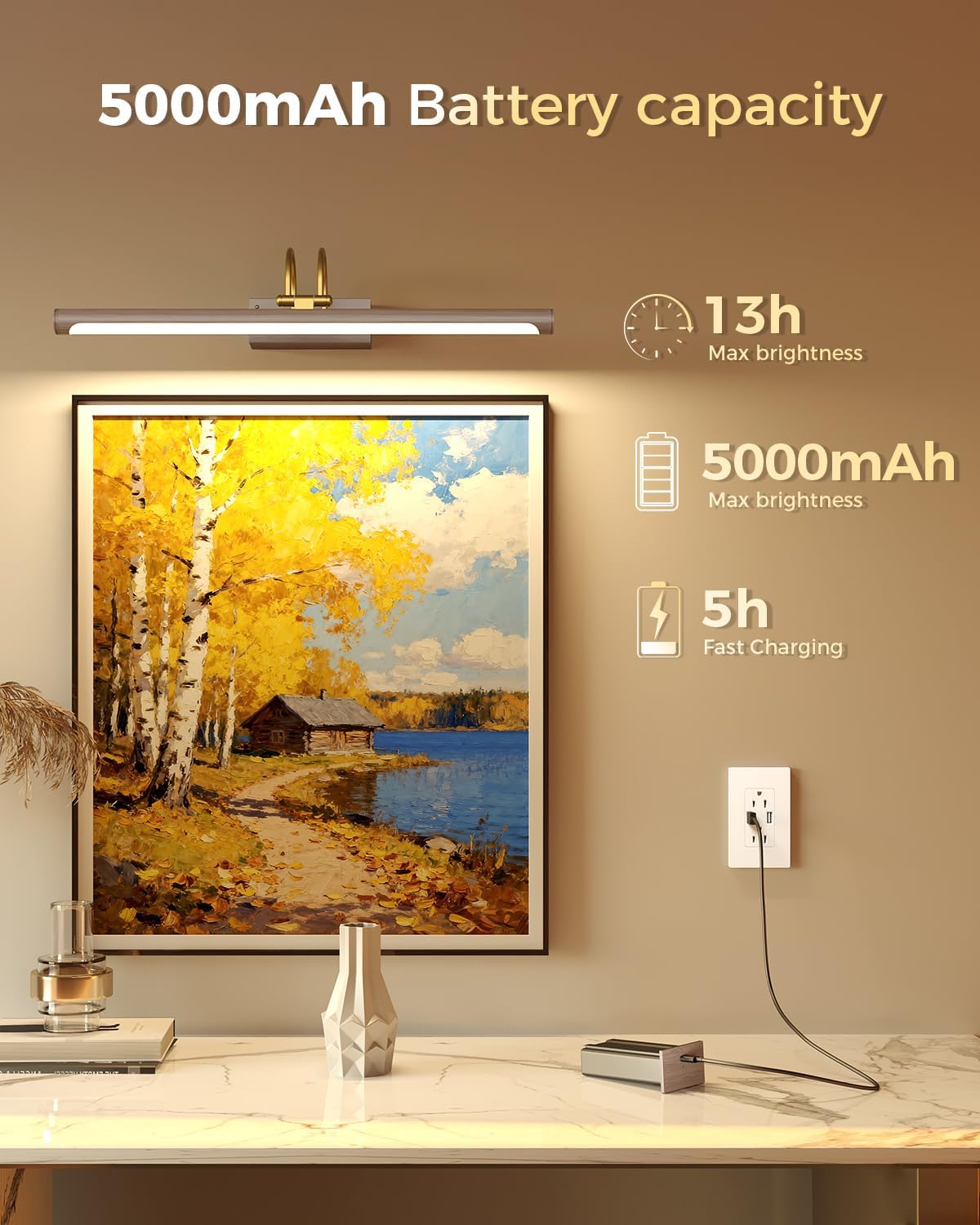 23.6″ Picture Light, Battery Operated Wireless Rechargeable Wall Light with Remote, Dimmable LED Art Light with Timer