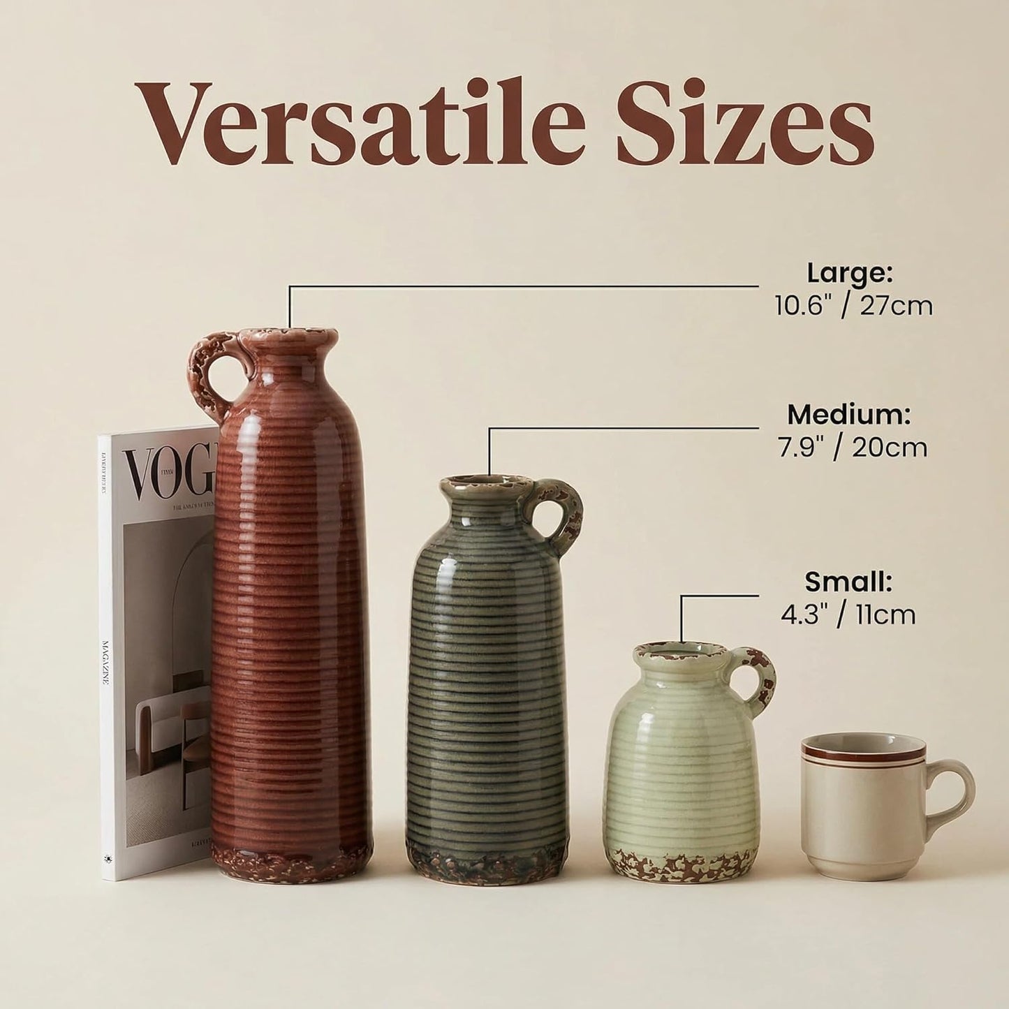 Ceramic Vase / Handle-orange Brown Green / Set of 3