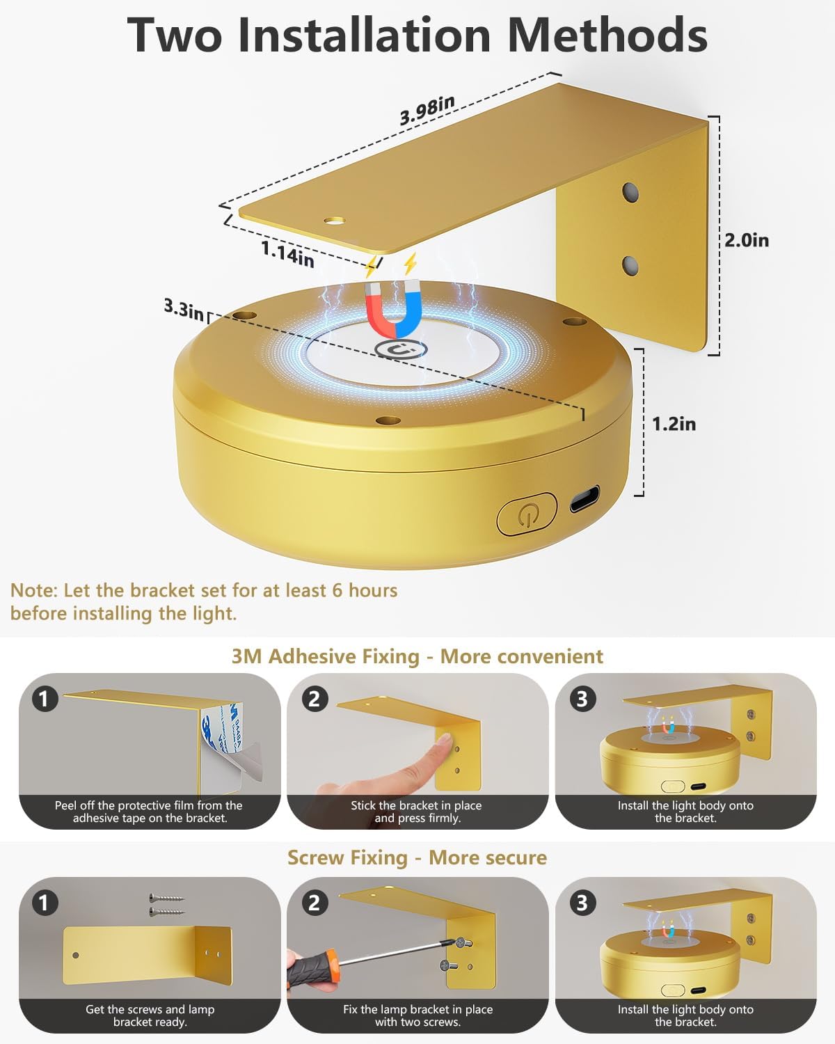 3.3" Picture Lights for Wall Spotlight, 2000mAh Rechargeable, 3Pack, Gold | RGB & 3-Color-Temp丨Remote & Touch