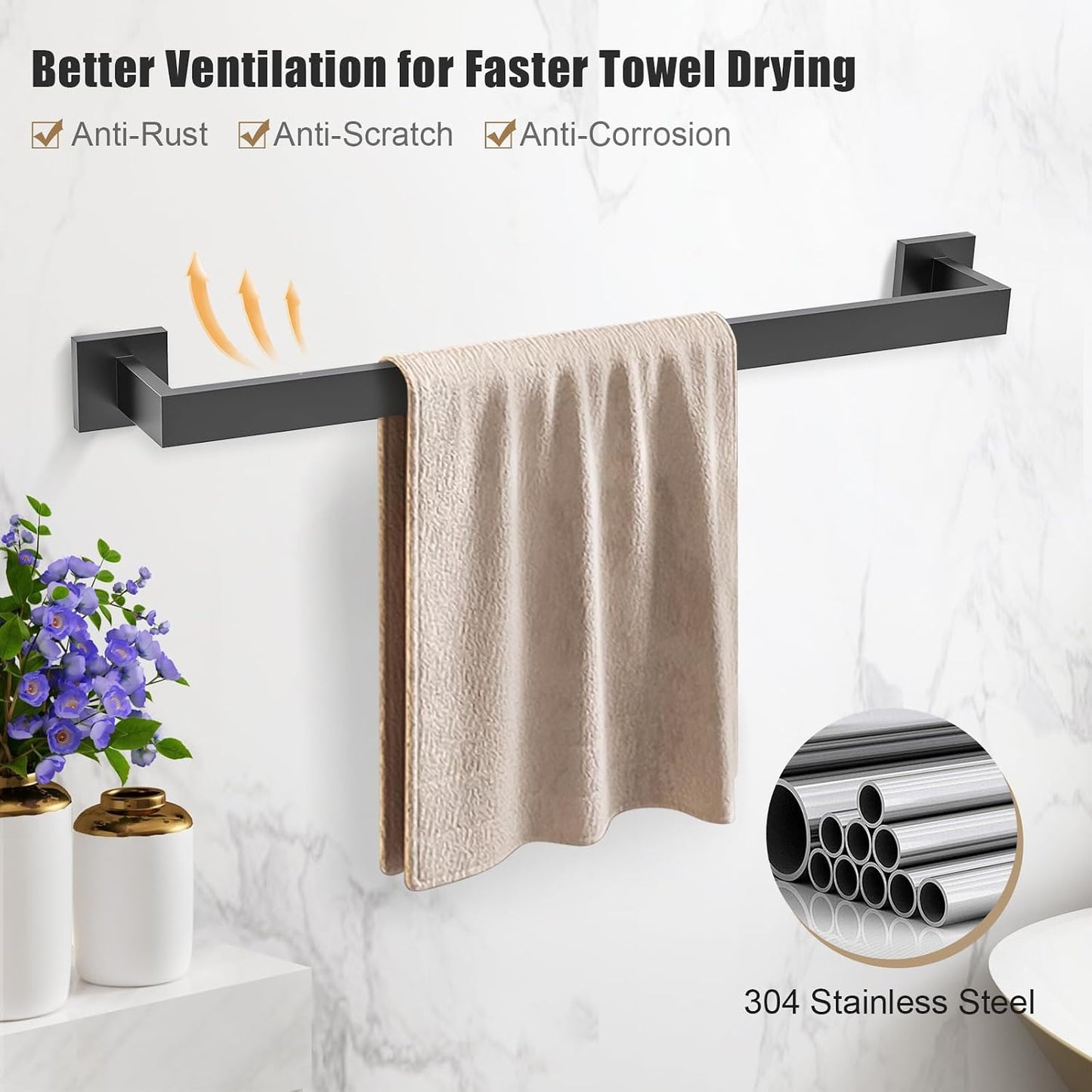 TQKAG Matte Black Bathroom Hardware Accessories Set 5 Pieces, Double Post Pivoting Toilet Paper Holder Set Stainless