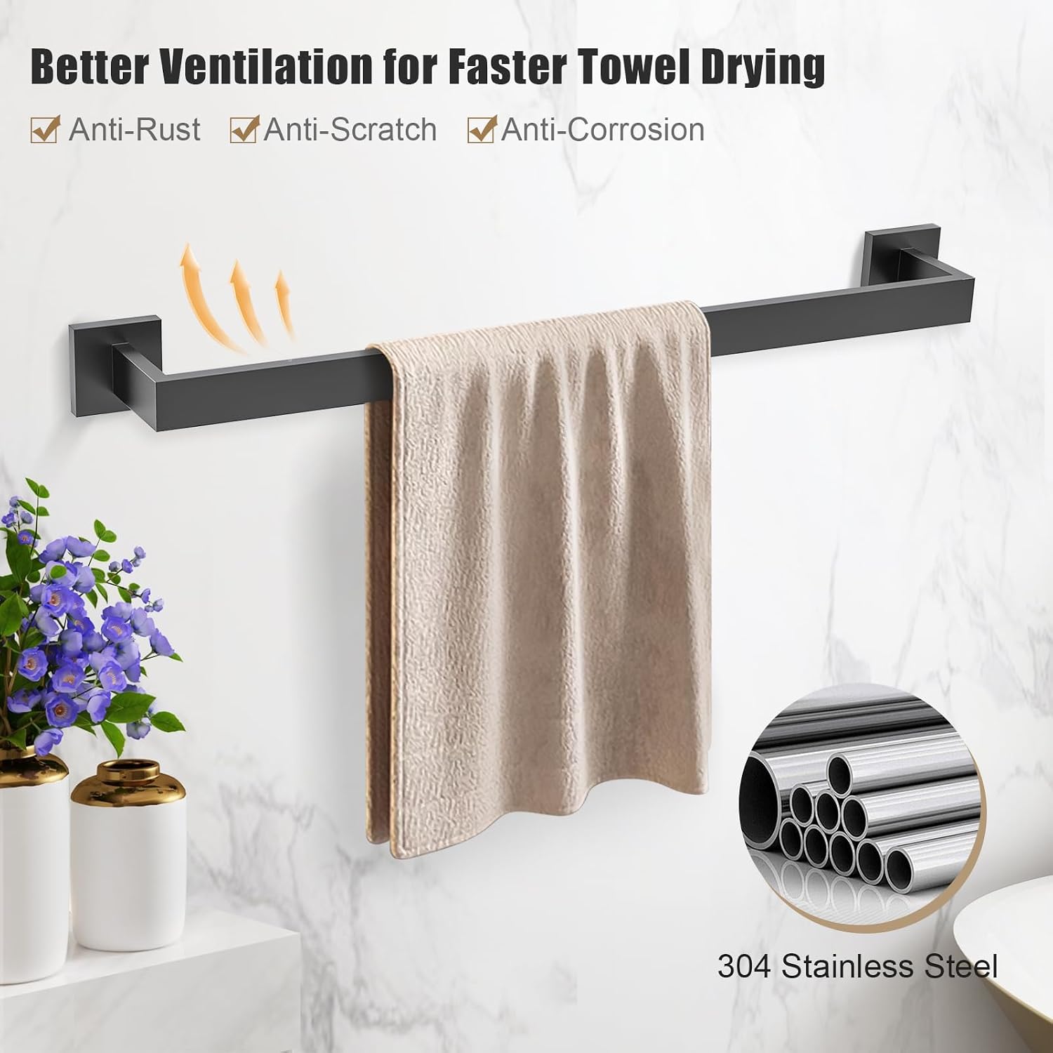 TQKAG Matte Black Bathroom Hardware Accessories Set 5 Pieces, Double Post Pivoting Toilet Paper Holder Set Stainless