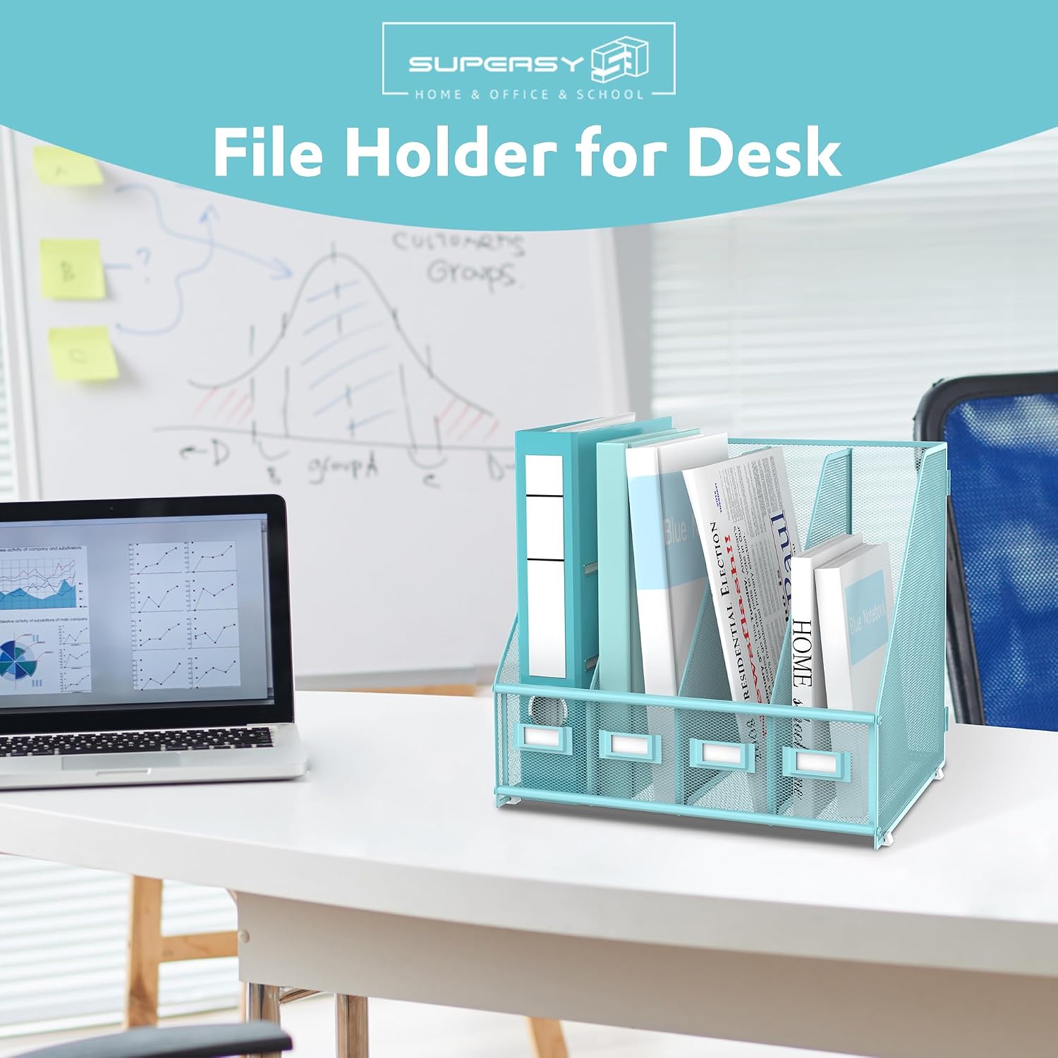 4-Compartment Magazine File Holder and File Organizer for Desk, Blue | Metal Magazine Holder and Magazine File Holder