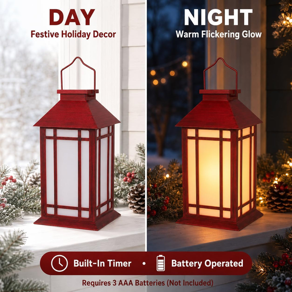 Bdor 13 Inch Christmas Outdoor Decorative Lanterns with Candle Timer 2 Pack | Battery powered convenience, cozy
