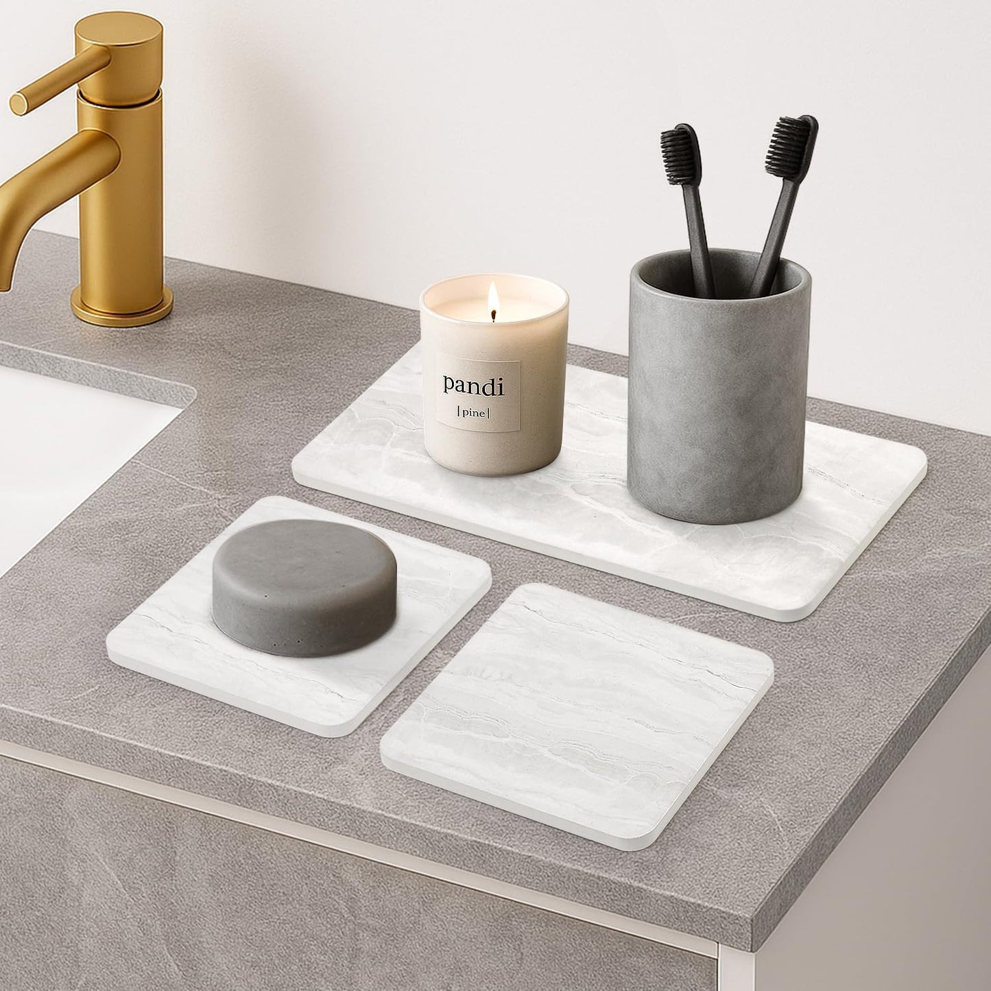 Water Absorbing Stone Drying Tray / Marble Light Gray / Set of 4