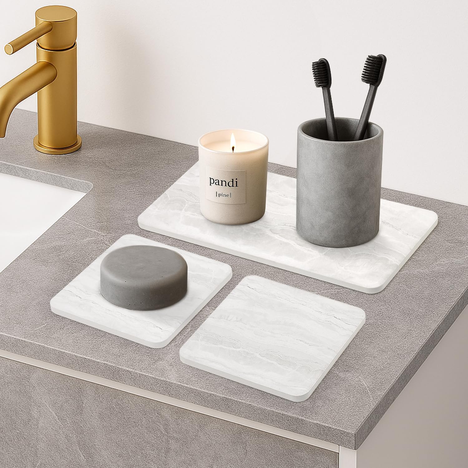 Water Absorbing Stone Drying Tray / Marble Light Gray / Set of 4