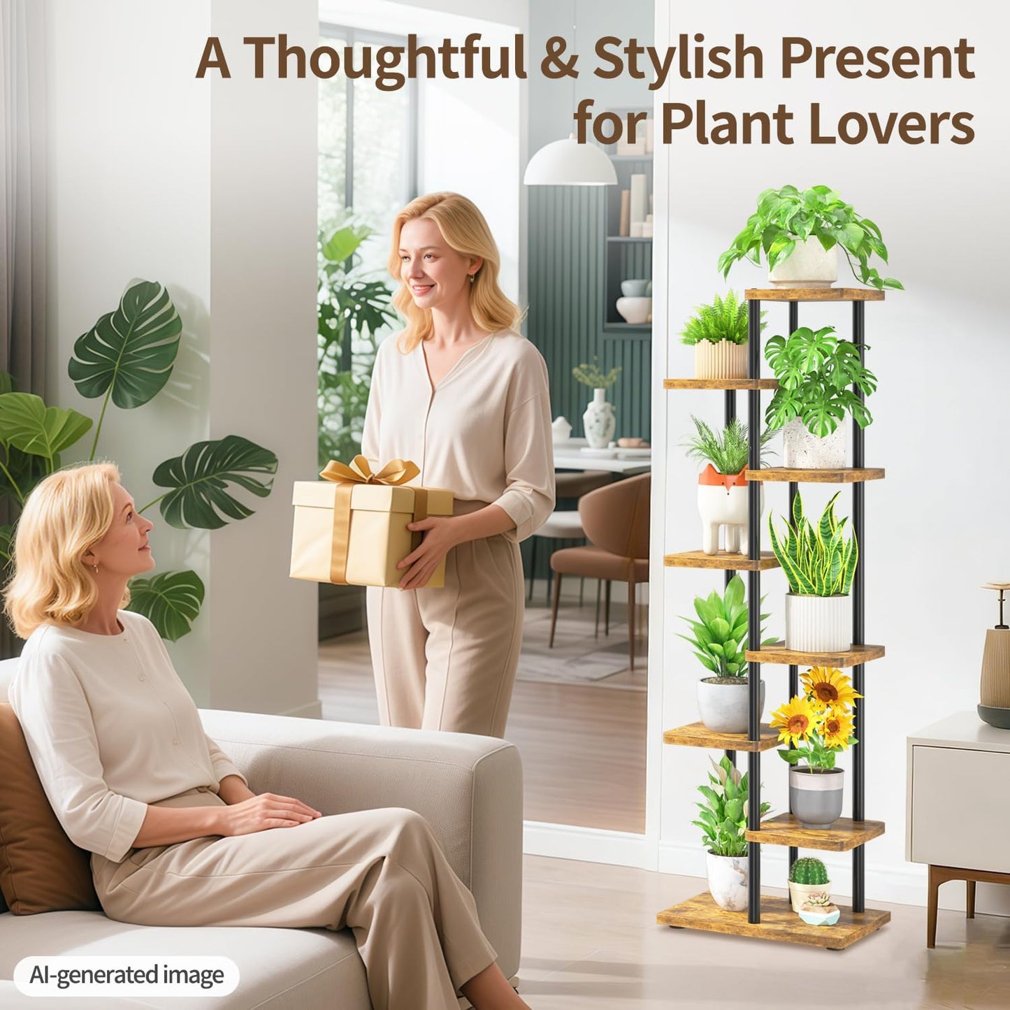 LASZOLA Plant Stand Shelf Tall for Indoor Corner, 7 Tier Wood Brown | Heavy Duty Multi Level Vertical Flower Rack for