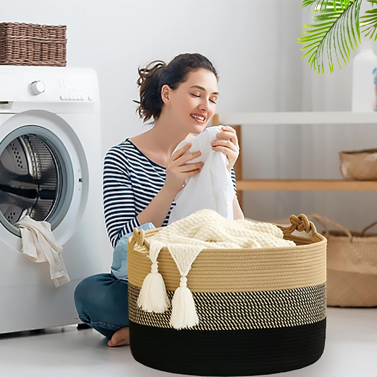 Woven Rope Baskets for storage Baby Laundry Hamper / Black / 20 x 13
