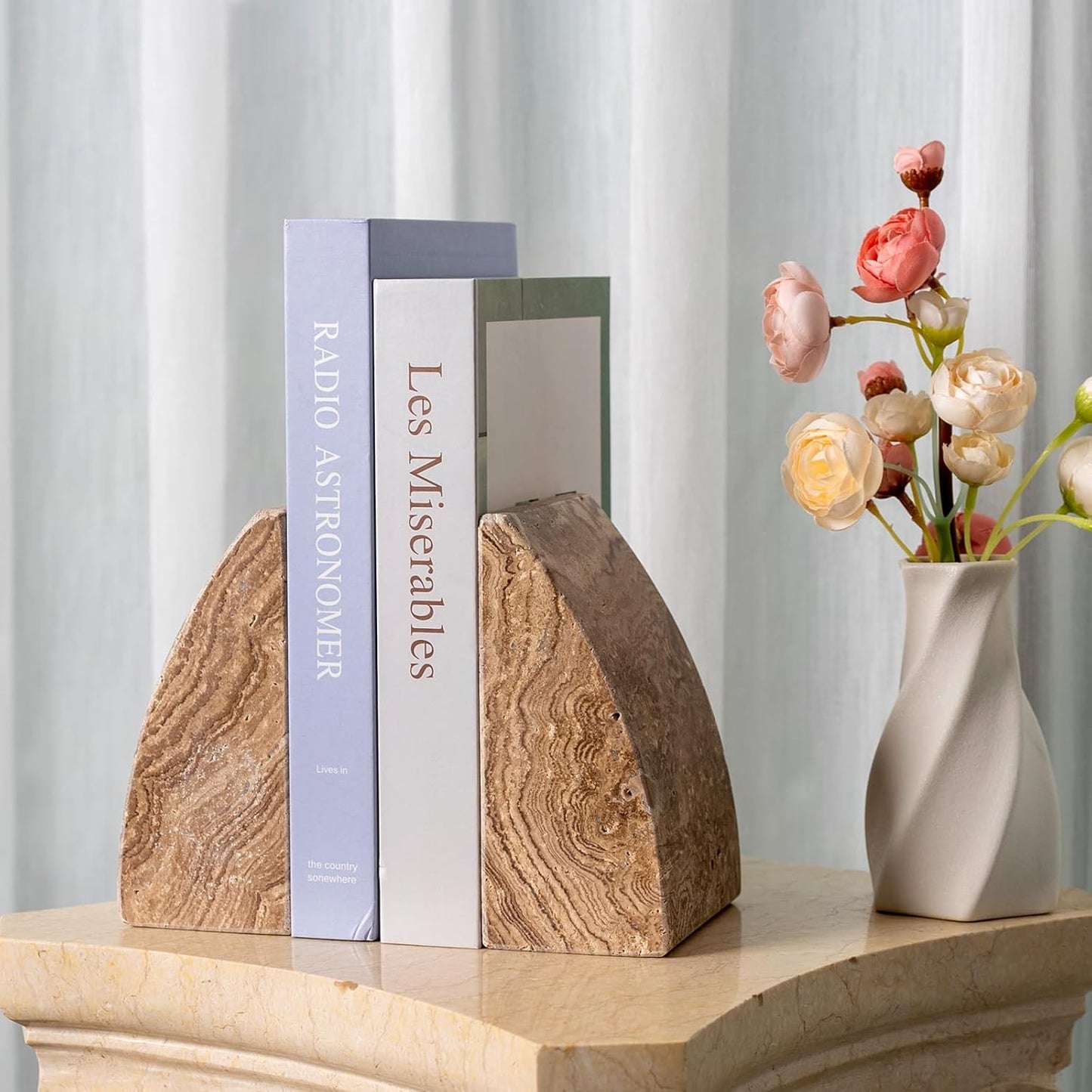 Travertine Bookends / Non-Slip Heavy Duty Book Stopper / Sail-brown Travertine