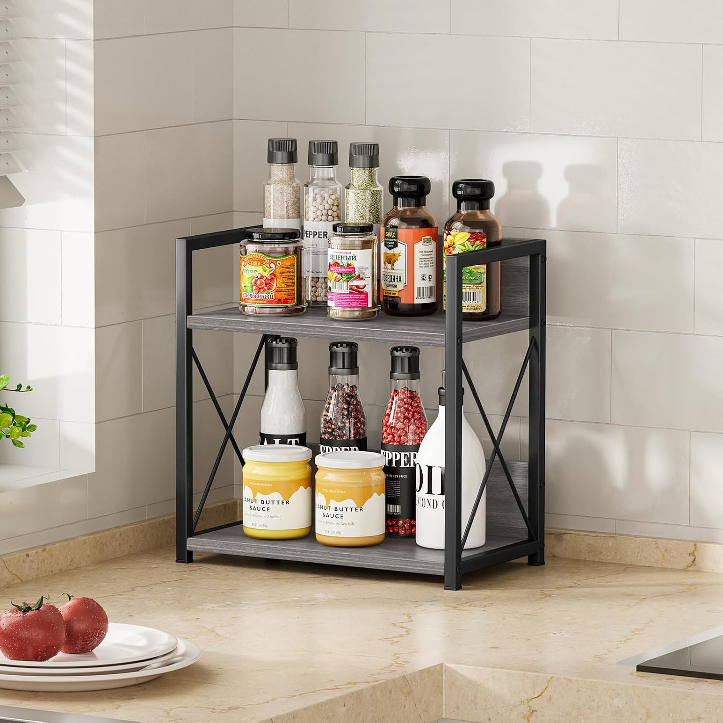 Giikin Countertop Shelf Organizer, 2 Tier Coffee Organizer for Desktop, Grey Counter Shelf Spice Rack for Kitchen