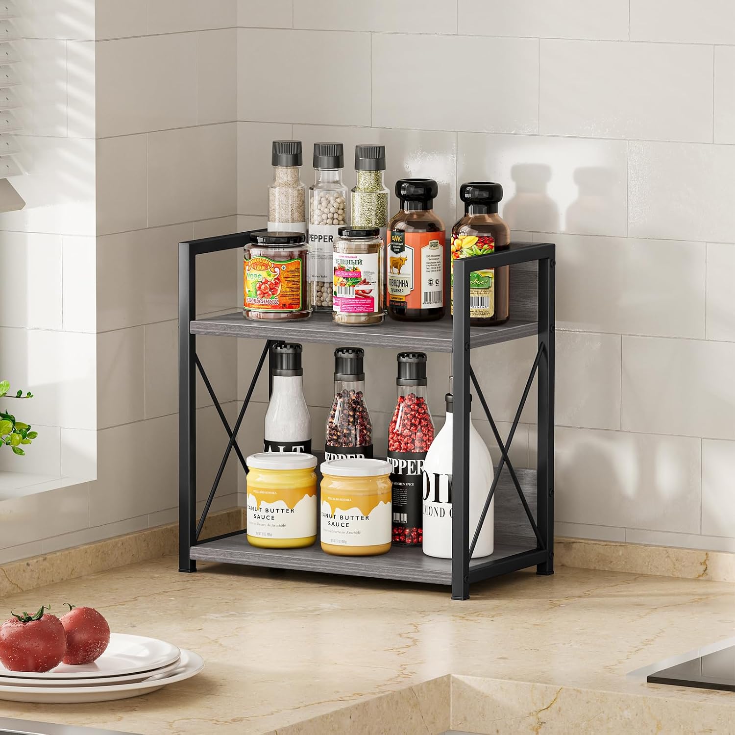 Giikin Countertop Shelf Organizer, 2 Tier Coffee Organizer for Desktop, Grey Counter Shelf Spice Rack for Kitchen