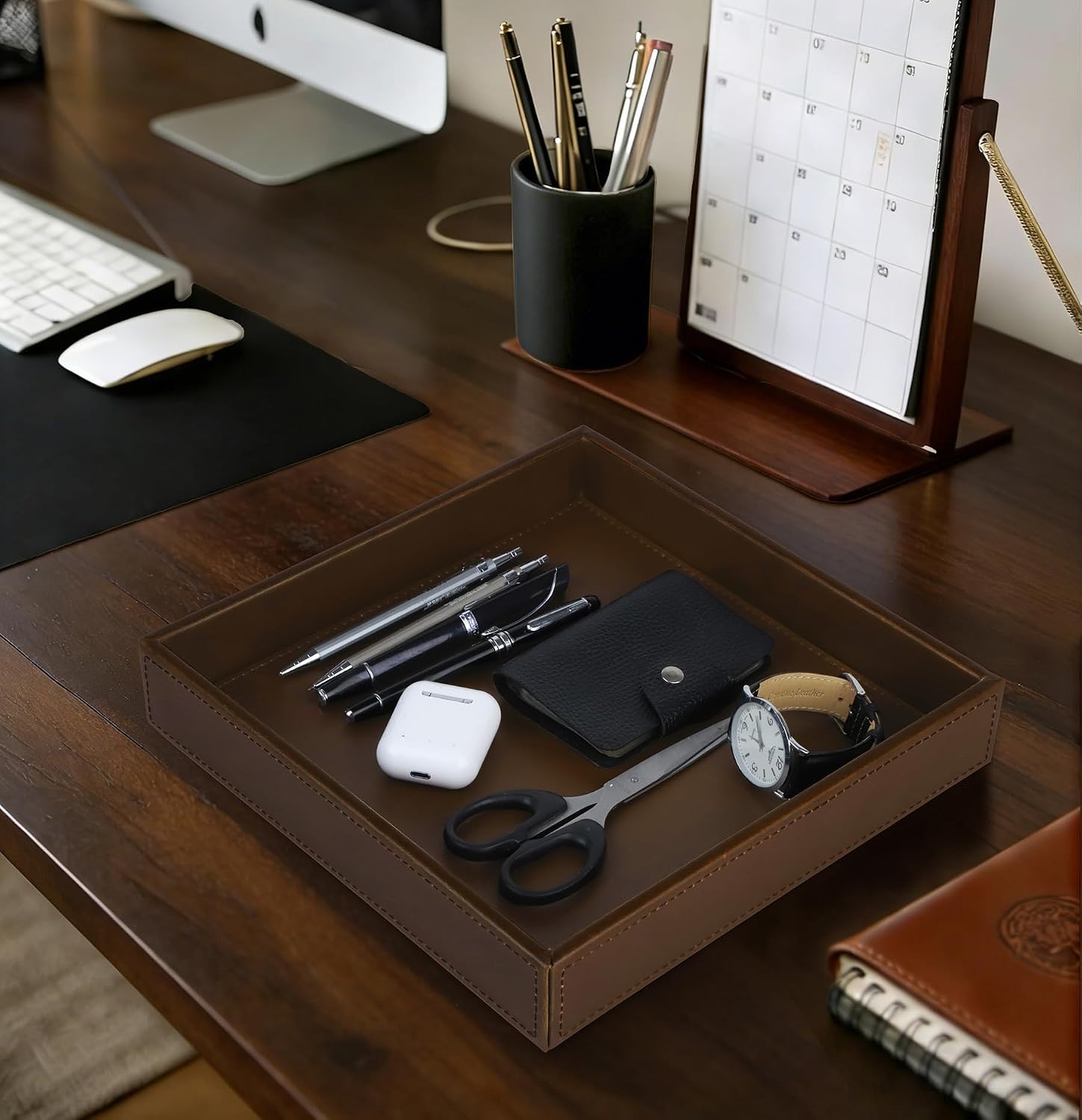 Faux Leather Vanity Tray / Brown / 10 x 10 x 1.8