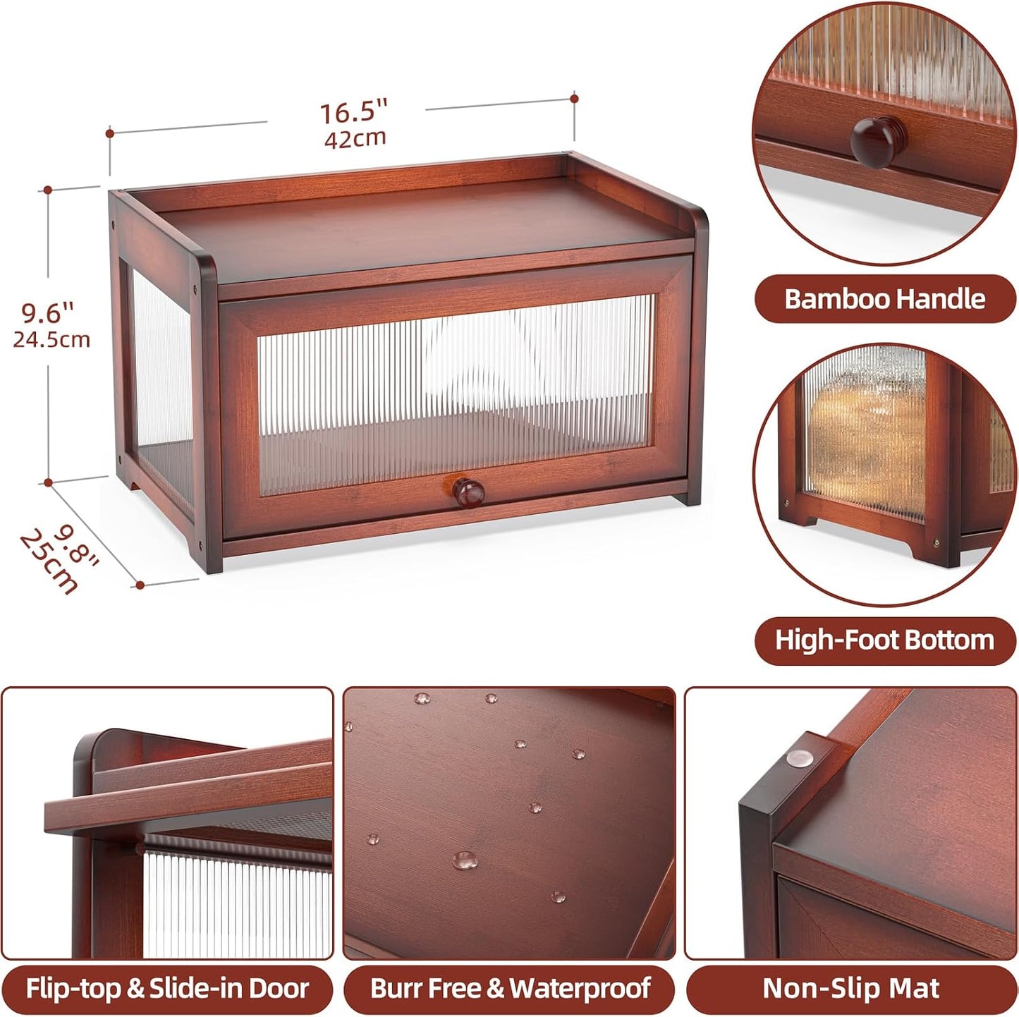 BAMBANG Bamboo Bread Box for Kitchen Countertop, Extra Large Farmhouse Bread Box with 4-Side Clear Panels, Wooden Bread