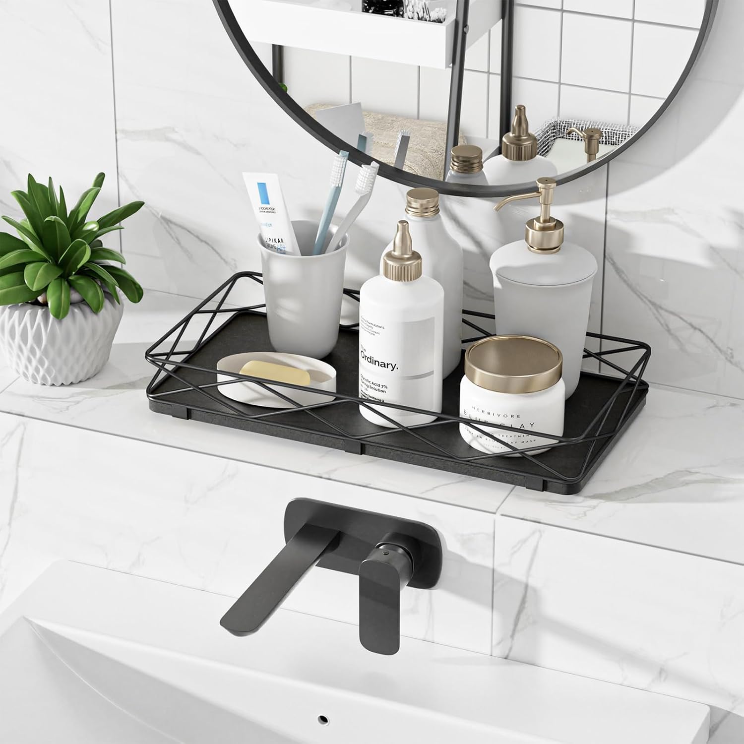 Wood and Metal Toilet Tray Vanity Organizer Bathroom Tray / Black