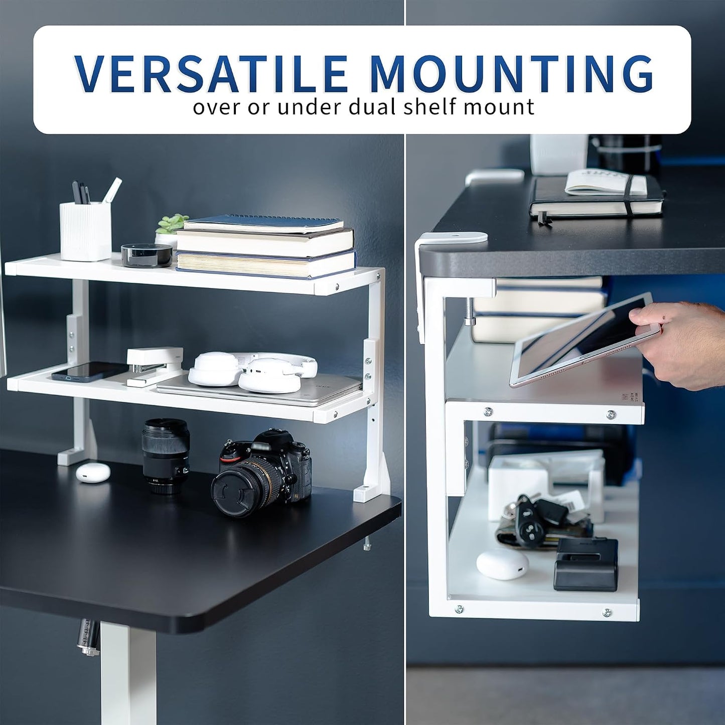 VIVO White Clamp-on 24 inch 2-Tier Desk Shelf, STAND-SHELF24C-W | Above or Below Desk, 2 Level Shelving Unit for Table