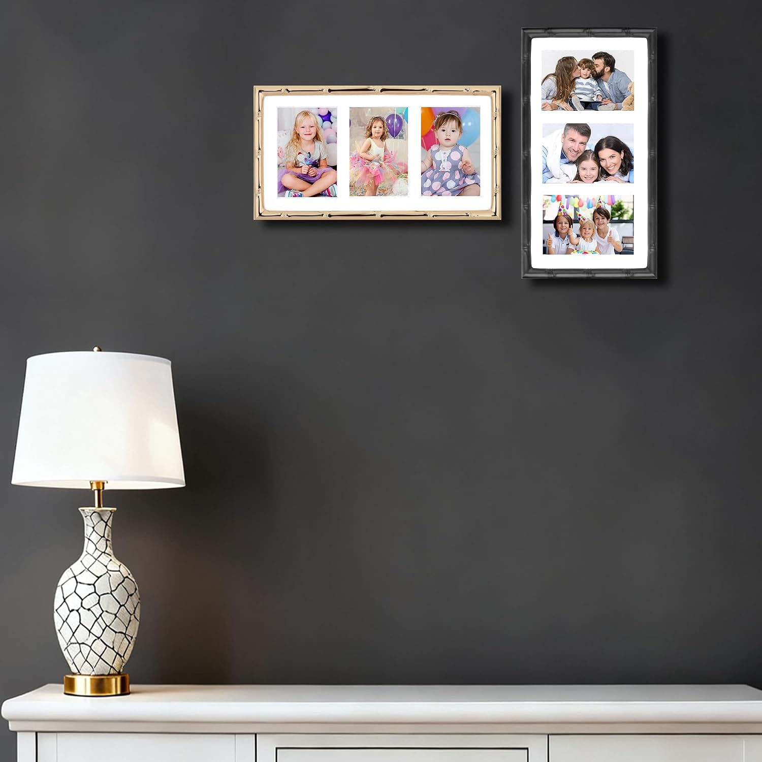 3-2x3'' Black Multi Metal Picture Frames,3 section frames 2pack, Elegant Bamboo Detail Designs Plated Photo Frames