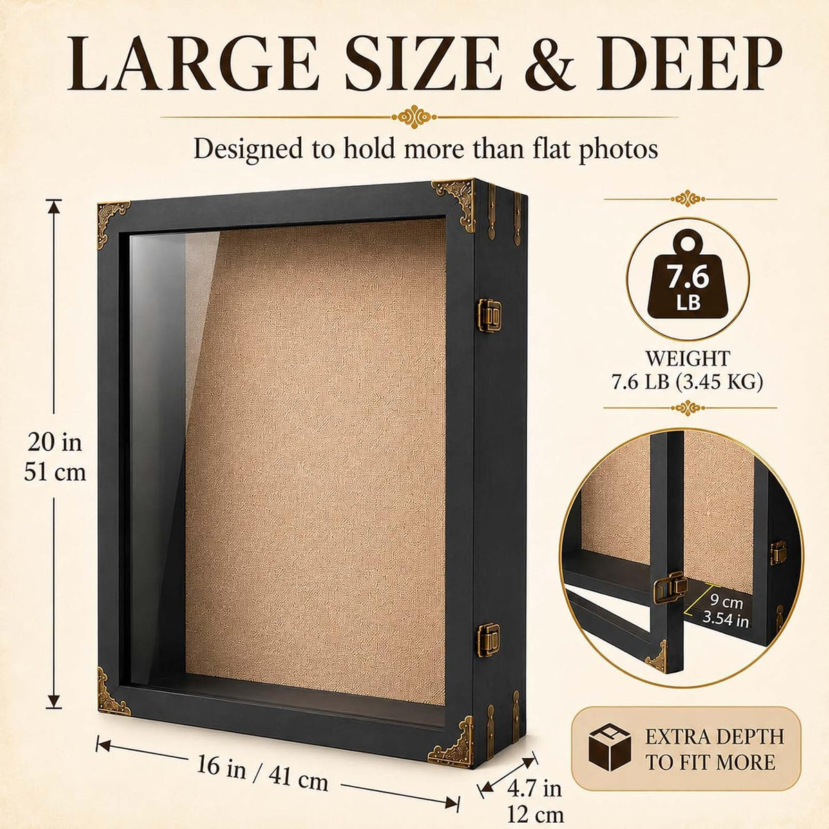 16x20x4.7 Inch Large Shadow Box Frame, 3.5-Inch Deep (Rustic Black) | Tempered glass, solid wood and linen backing for