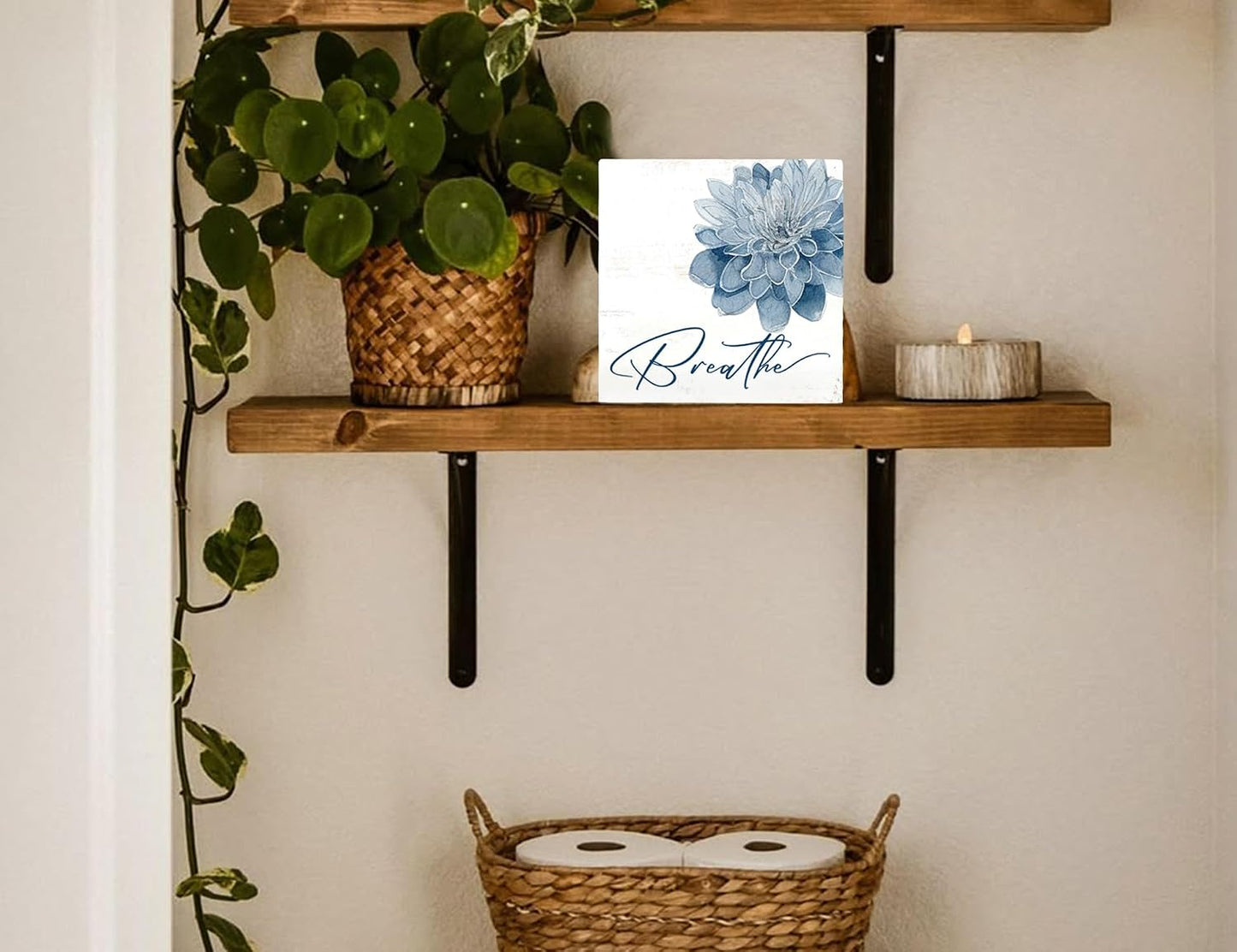 Breathe Flower Wooden Box Sig / Bathroom Sign / Blue