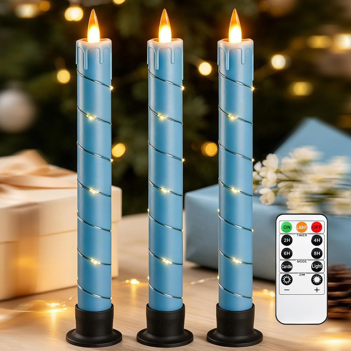 Flameless Cone Candle with Built-in Star String Light, 11 Button Remote Control, Timer, Battery Powered, Analog Flame, 3 Pack of Window Candles, Christmas Home & Wedding Decoration (Sky Blue)