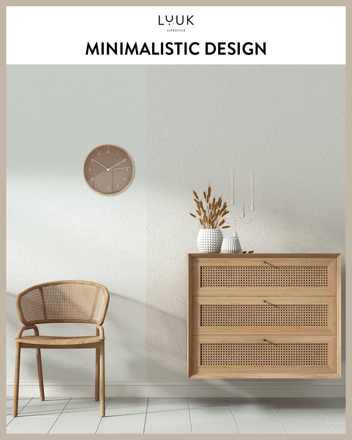 Modern Silent Quartz Wall Clock, 10in, Brown & Gold | for Living room, Guest room, Bedroom, Minimalist design, Earth