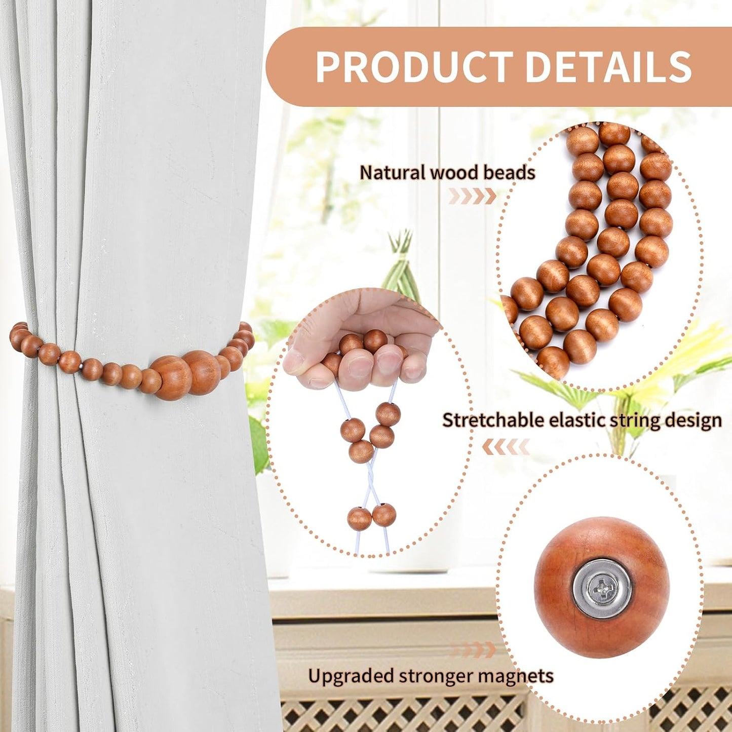 KLOGTSIND Magnetic Curtain Tiebacks, 6 Pack Wood Bead Curtain Holdbacks | Curtain Holders for Bedroom Decor, Boho Room