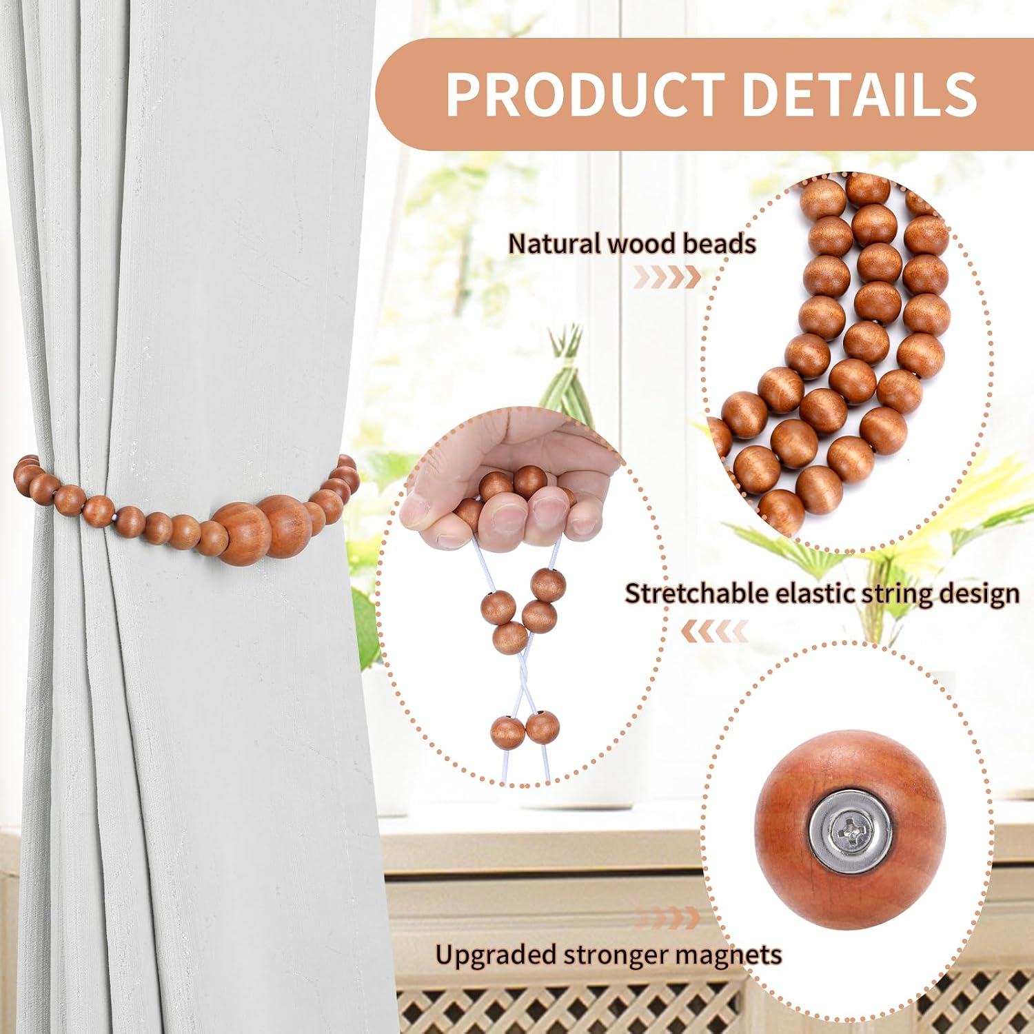 KLOGTSIND Magnetic Curtain Tiebacks, 6 Pack Wood Bead Curtain Holdbacks | Curtain Holders for Bedroom Decor, Boho Room