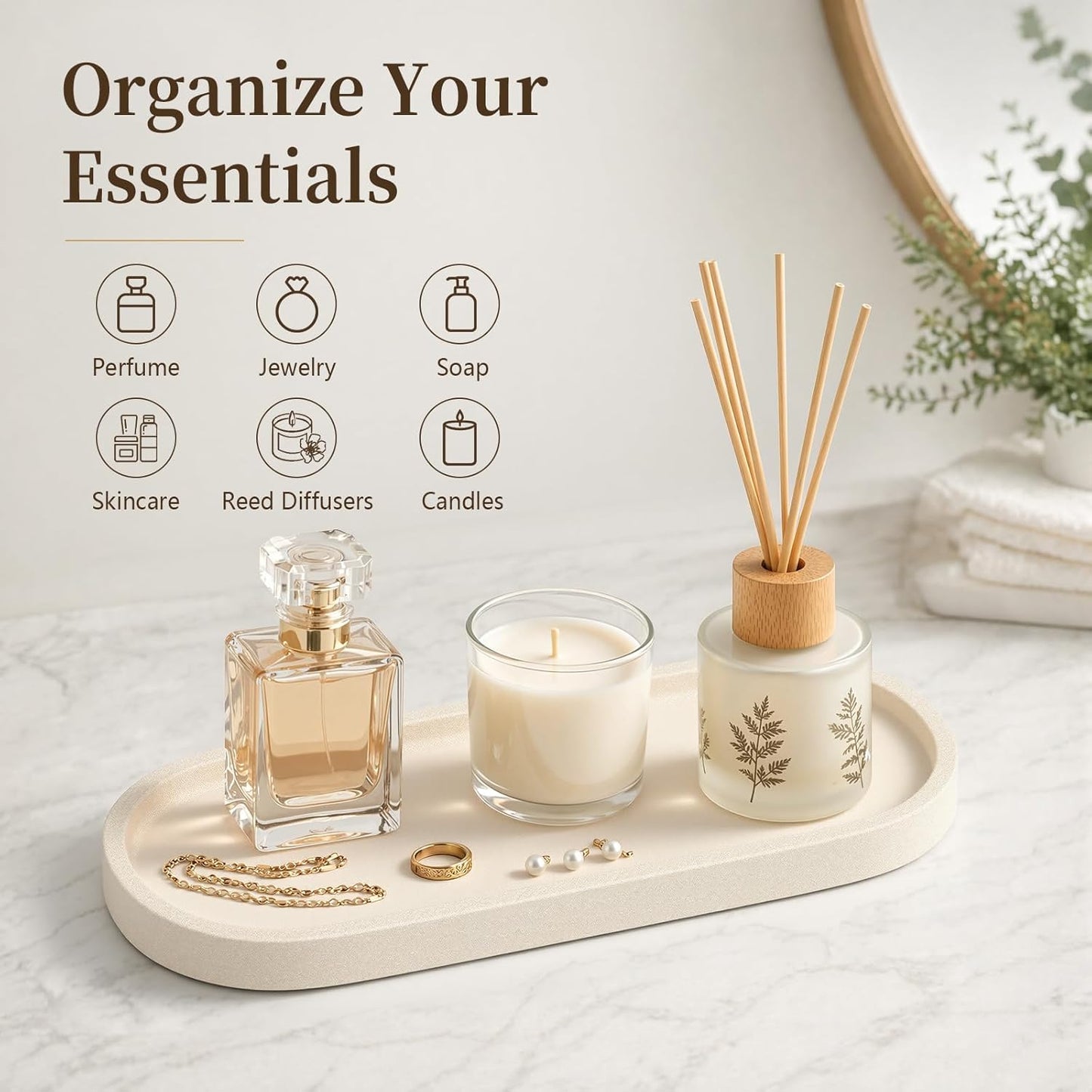 Bathroom Vanity Tray " Stone-Effect Bathroom Counter Tray for Countertop / Cream / 10.3 x 4.4